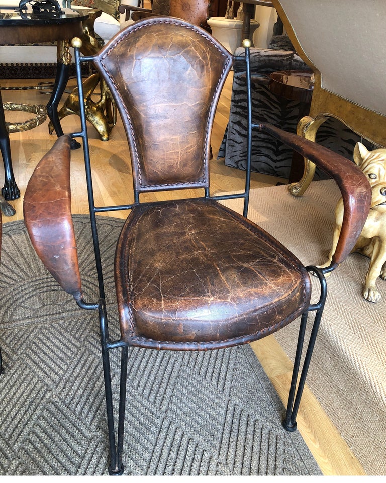 Spanish Revival Leather and Iron Chairs with Brass Finials at 1stDibs