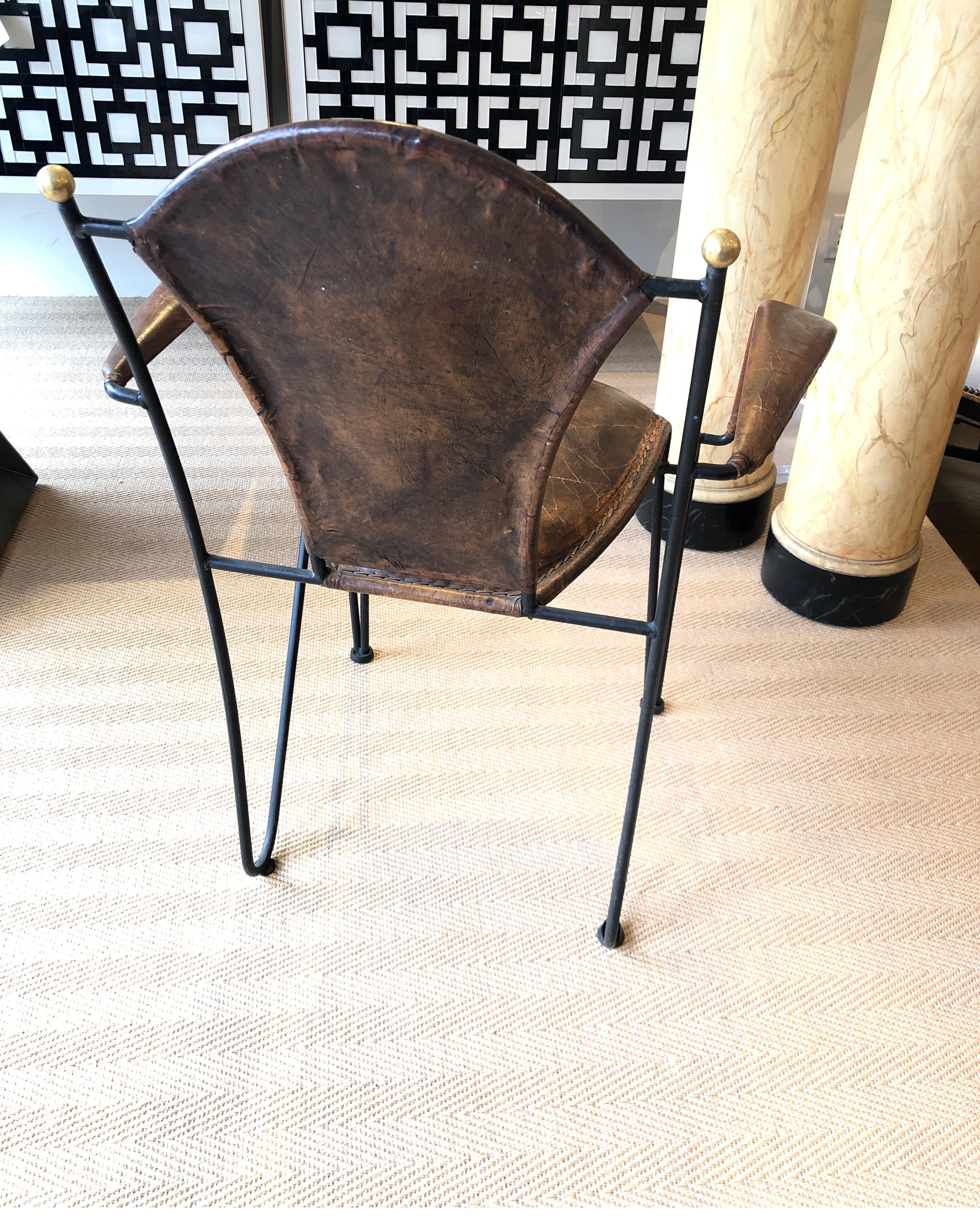Spanish Revival Leather and Iron Chairs with Brass Finials at 1stDibs