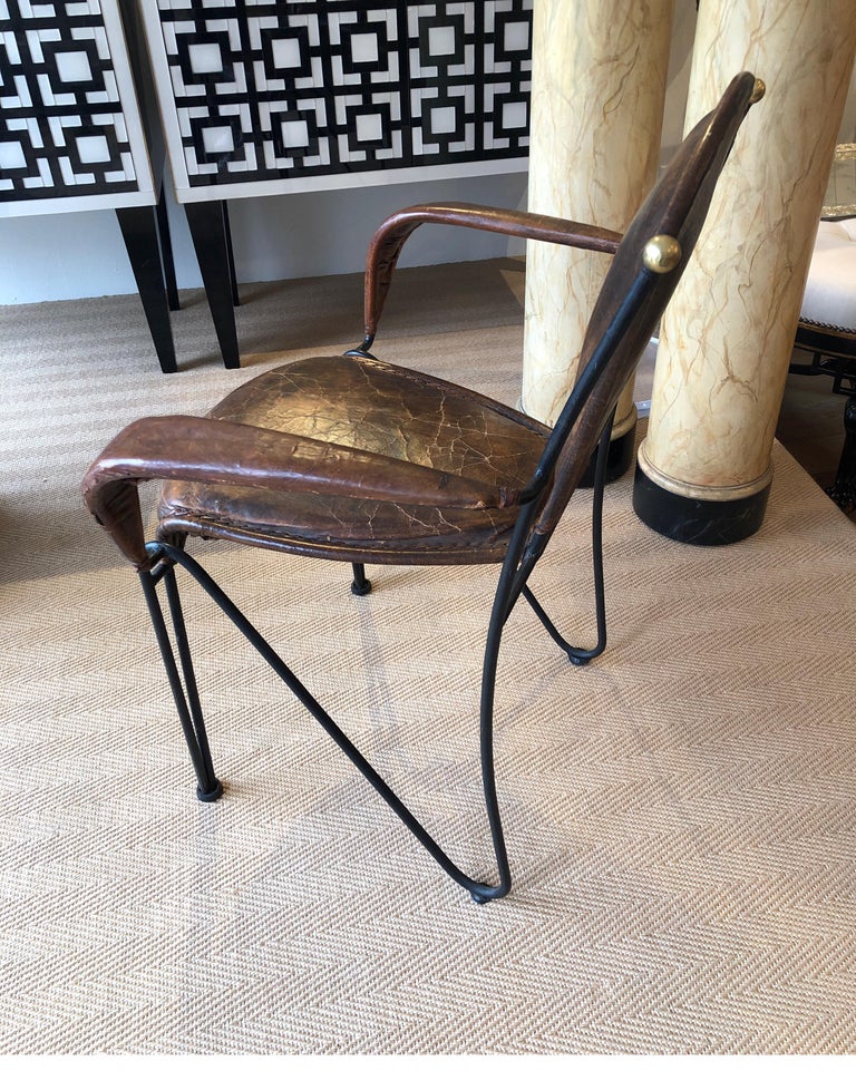 Spanish Revival Leather and Iron Chairs with Brass Finials at 1stDibs