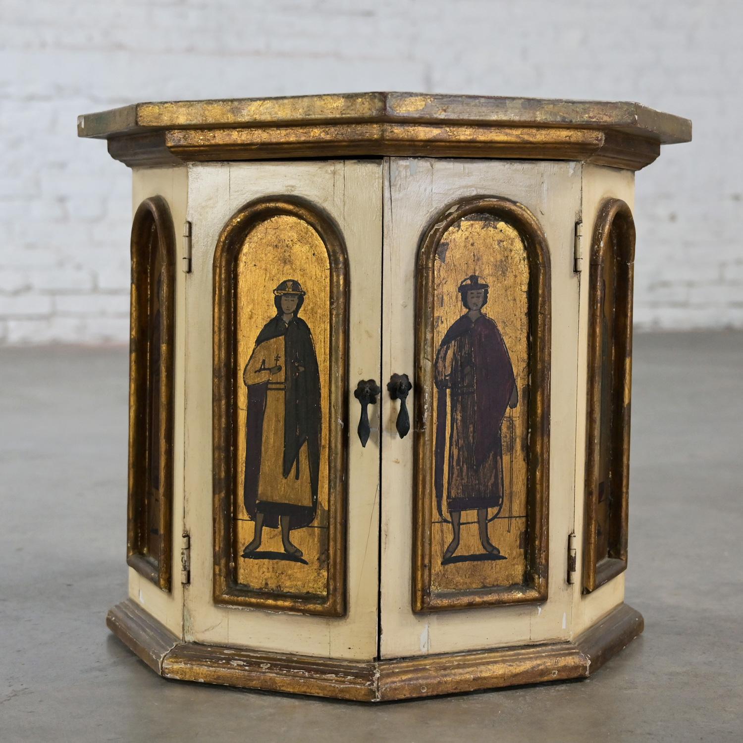 Incredible Spanish Revival Rustic Style Artes De Mexico Internationales SA octagon hand painted side table, drum table, or cabinet with open storage. This piece has been attributed based upon archived research including online sources, vintage