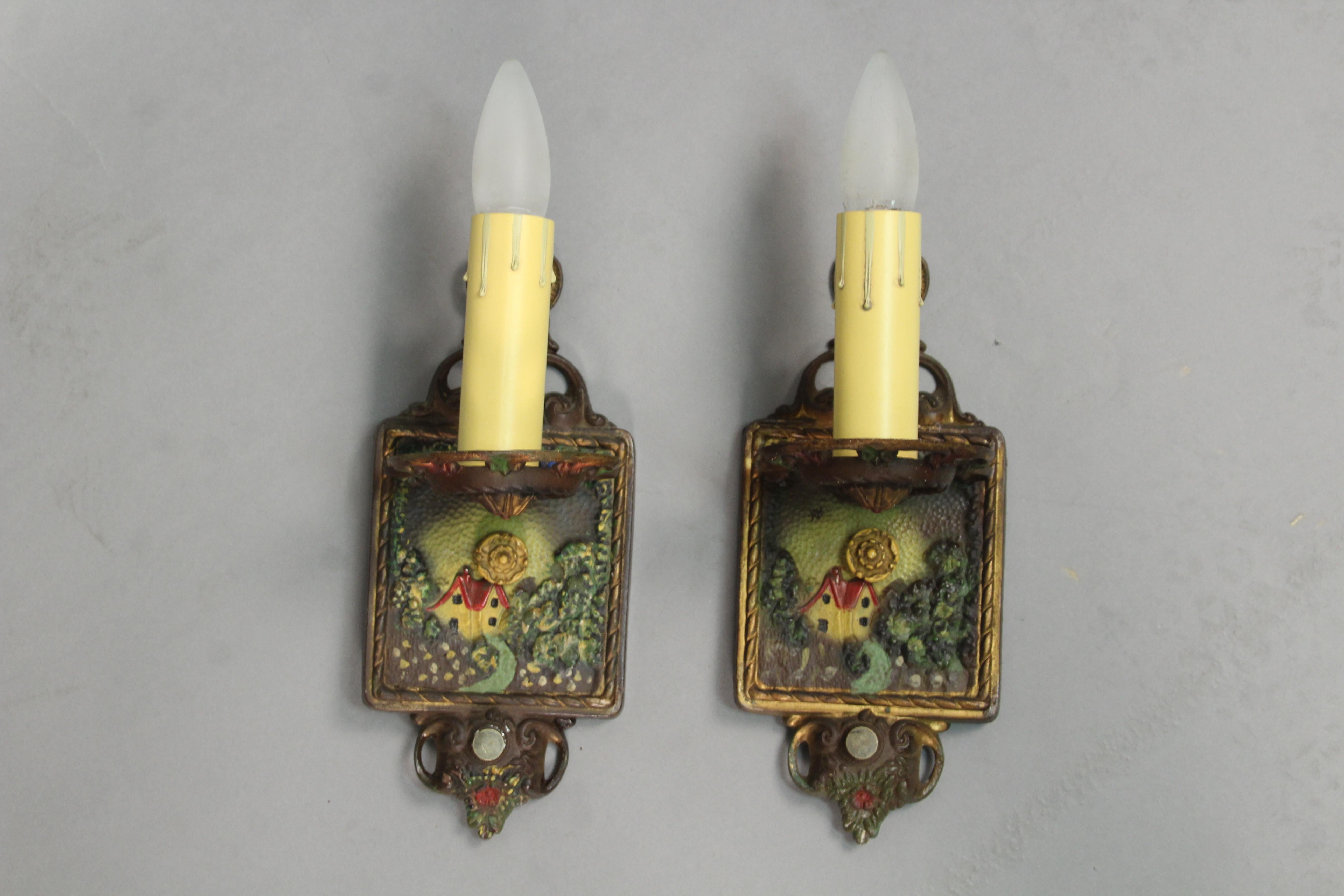 Spanish Revival Pair of 1920s Story Book Single Sconces In Excellent Condition In Pasadena, CA