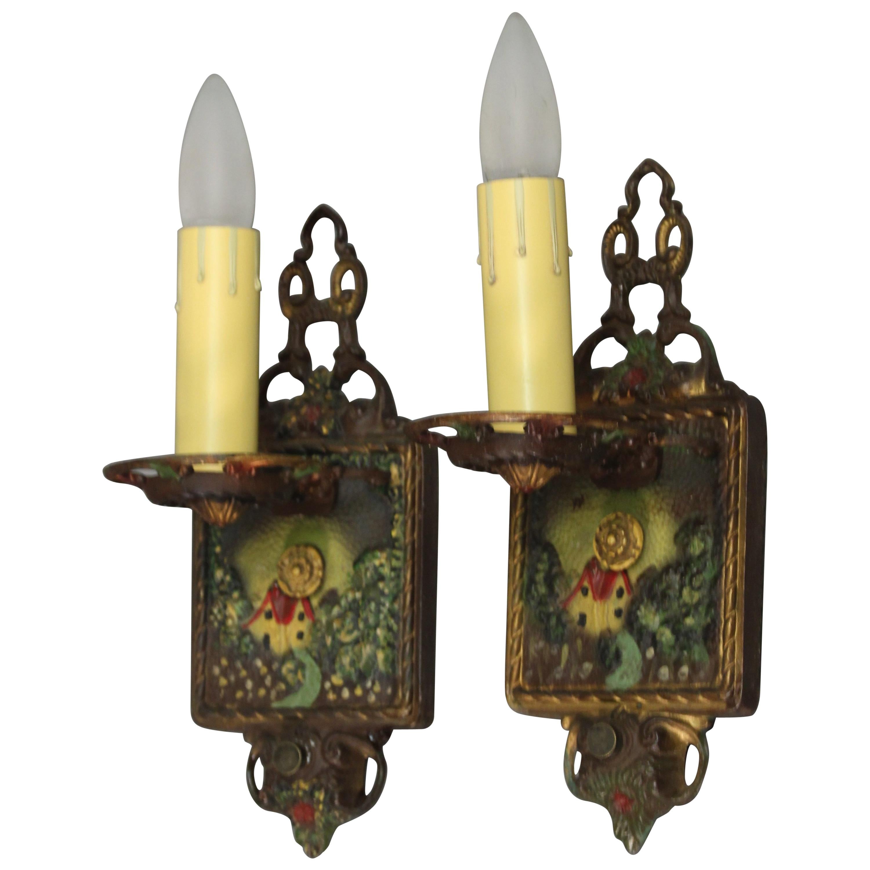 Spanish Revival Pair of 1920s Story Book Single Sconces