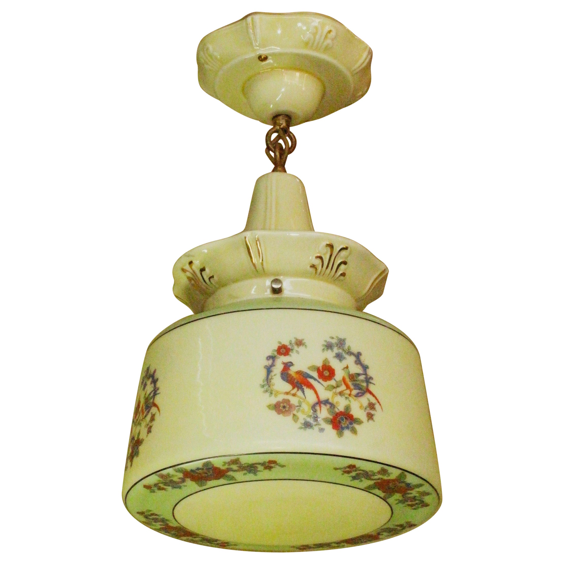 Spanish Revival Pendant Love Birds globe on Yellow Porcelain Fitter 1930s