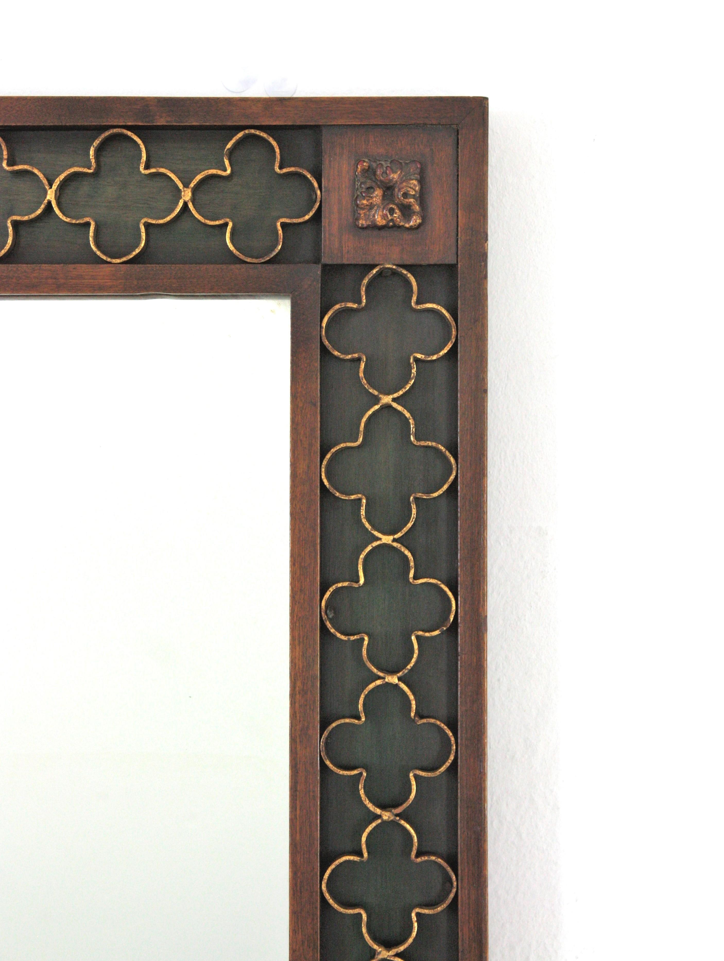 Painted Spanish Revival Rectangular Mirror with Gilt Iron Rosettes Frame
