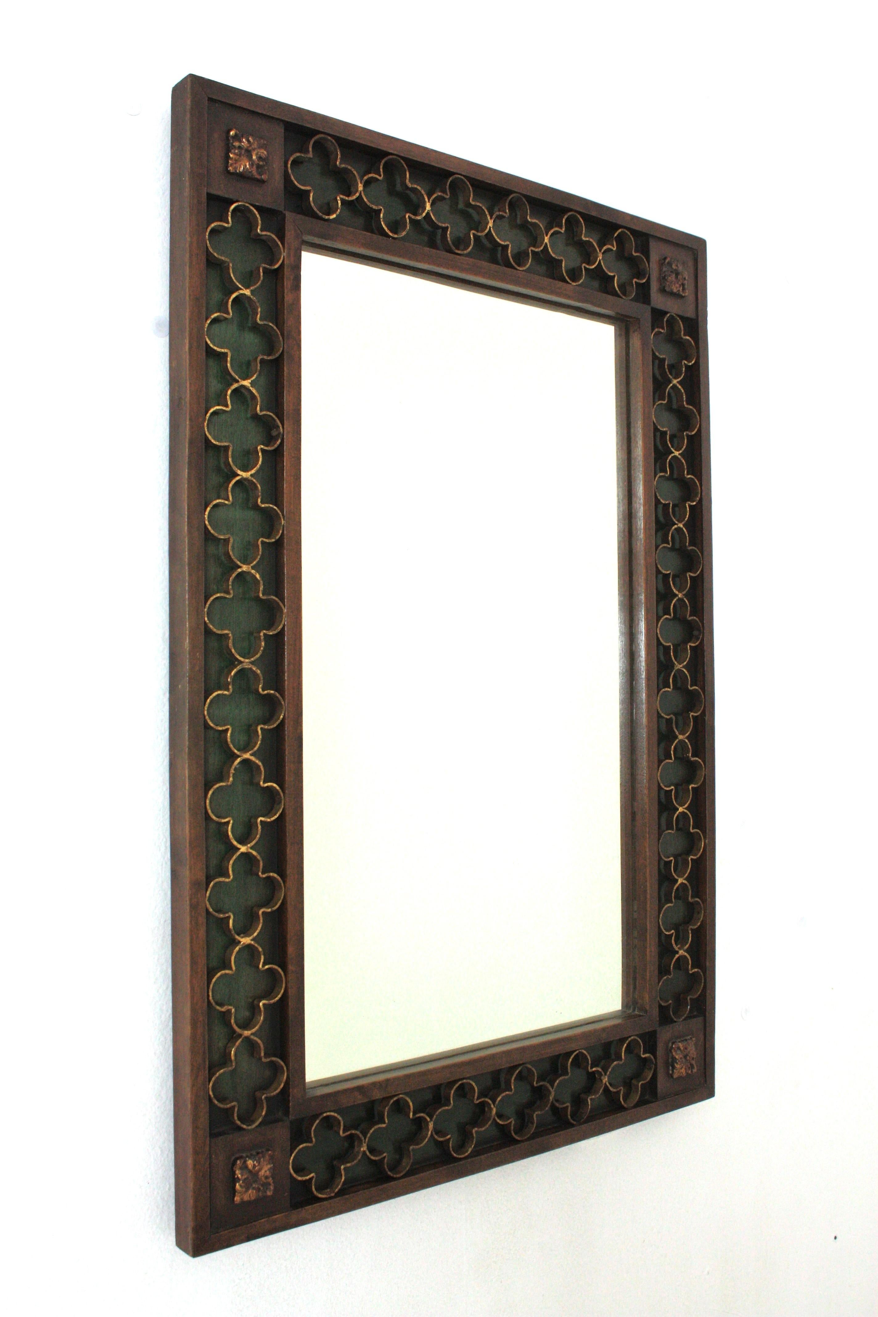 Wrought Iron Spanish Revival Rectangular Mirror with Gilt Iron Rosettes Frame