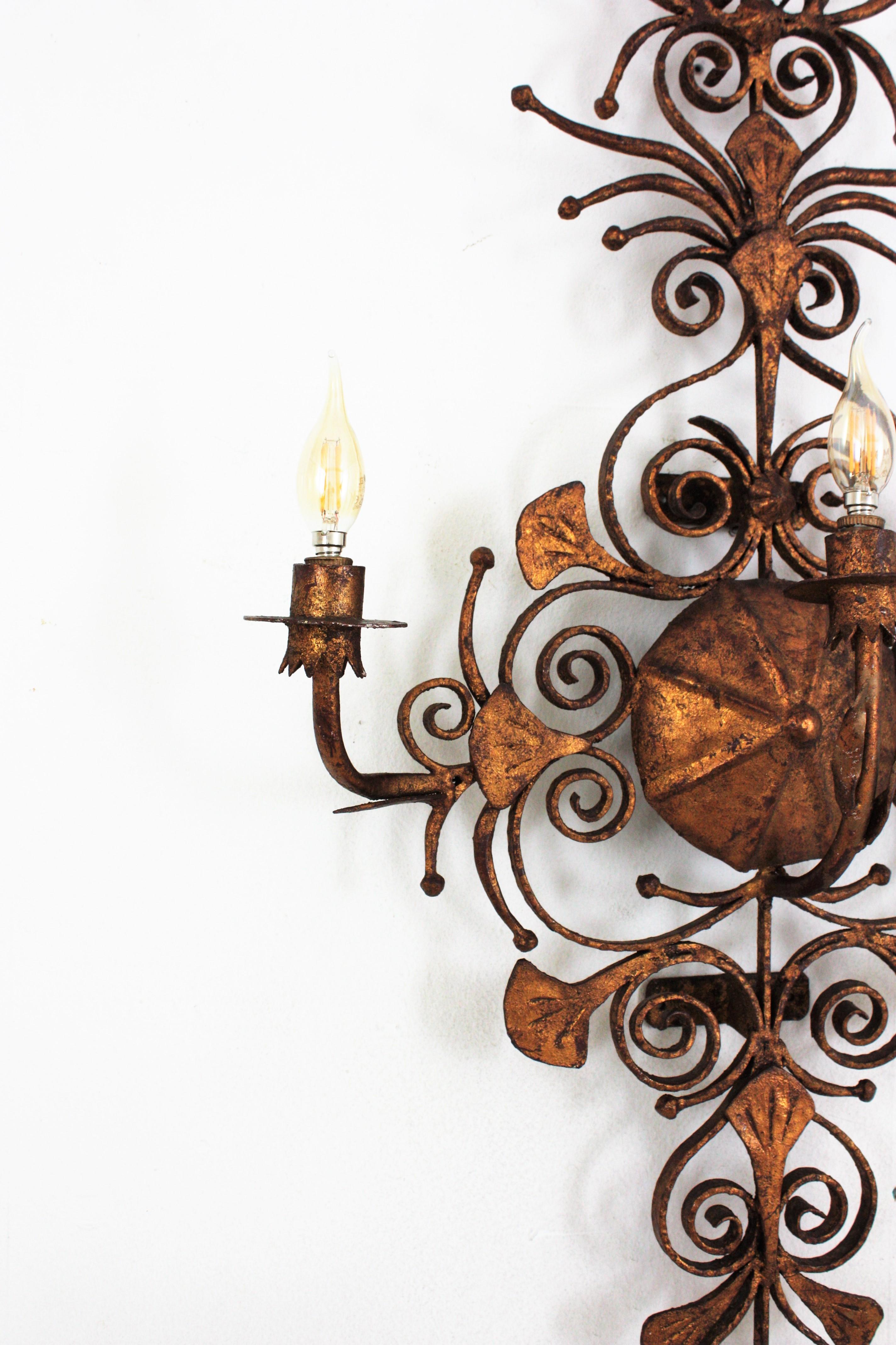 Spanish Revival Scrollwork Large Wall Sconce in Gilt Wrought Iron 3