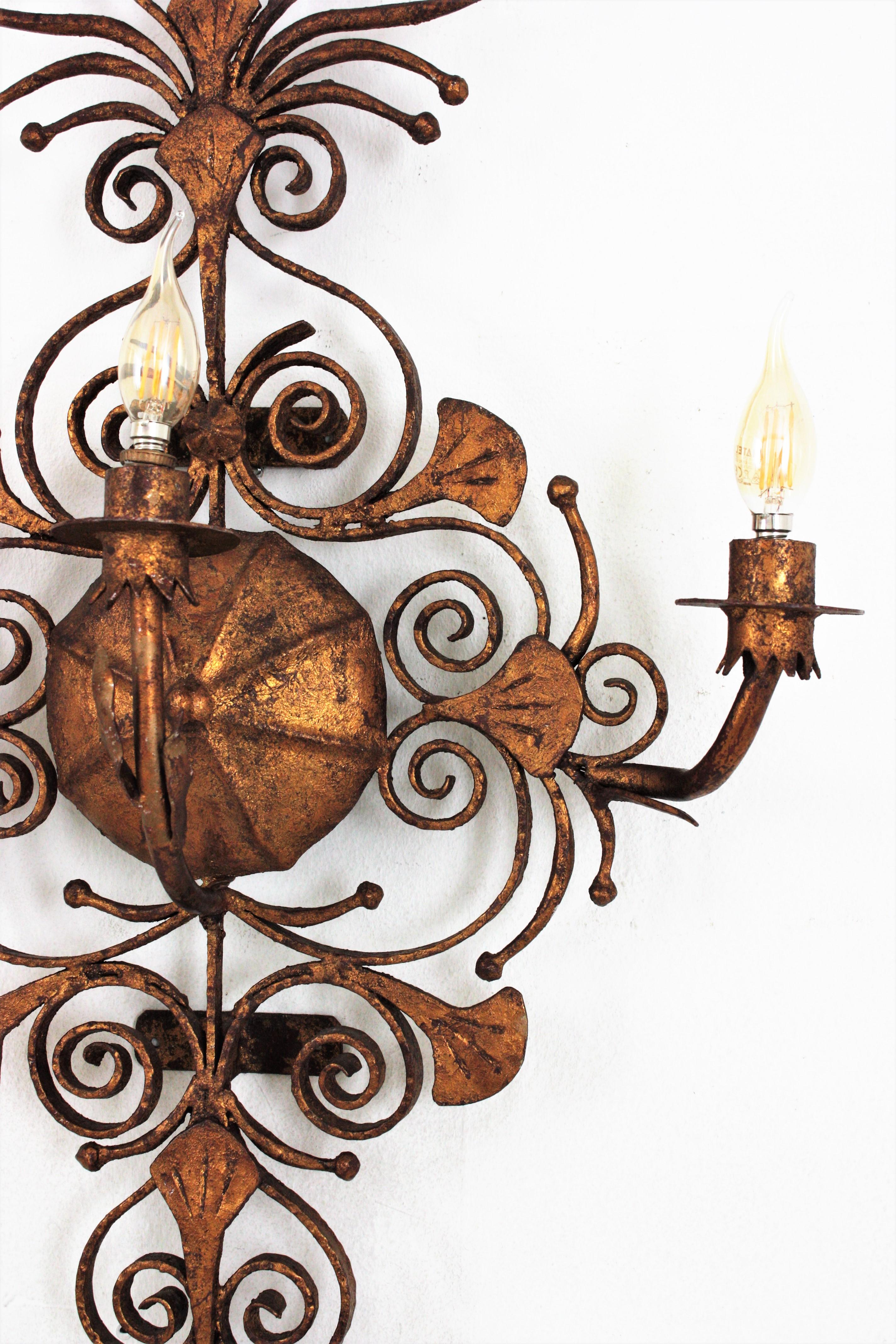 Spanish Revival Scrollwork Large Wall Sconce in Gilt Wrought Iron 4