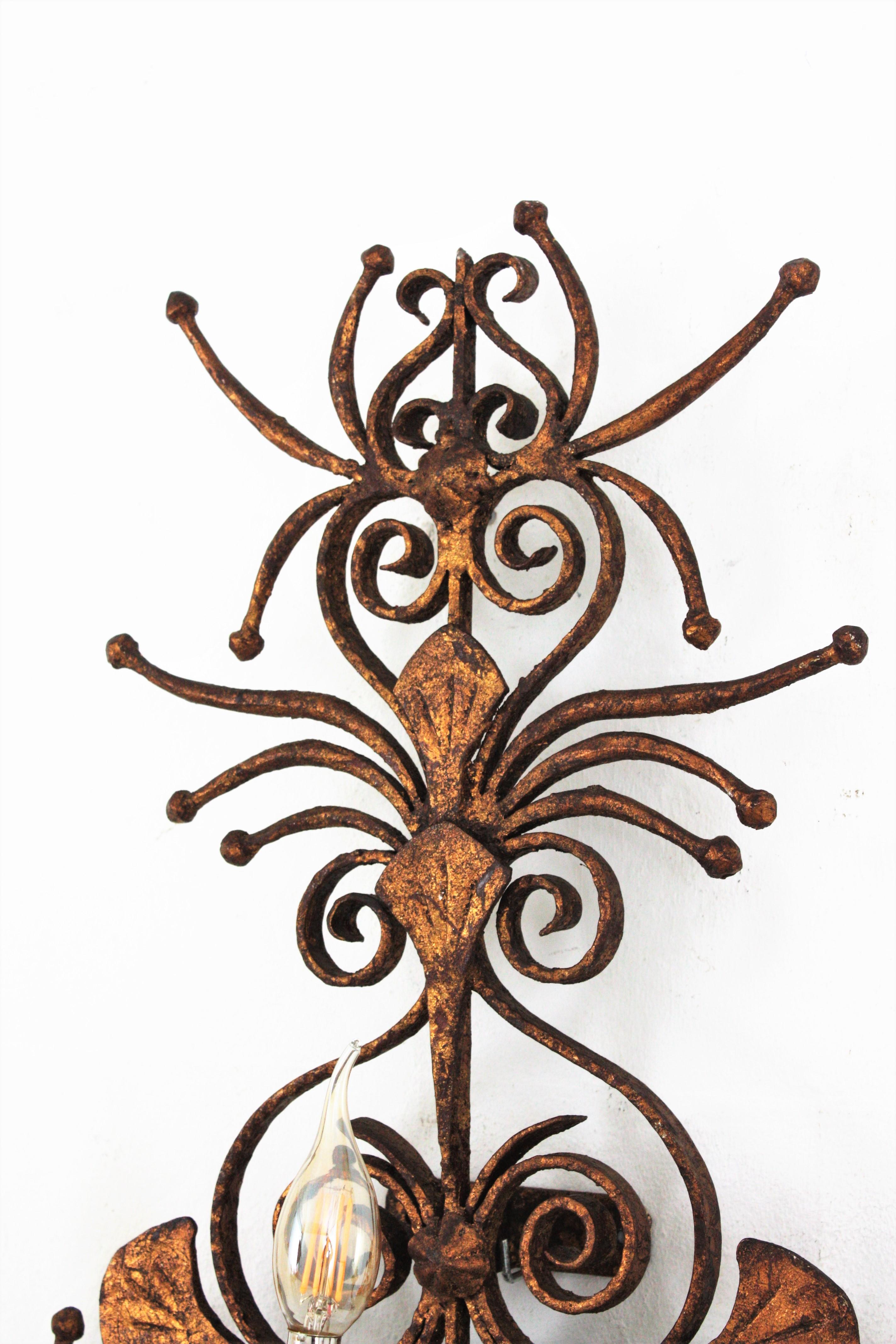 Spanish Revival Scrollwork Large Wall Sconce in Gilt Wrought Iron 5