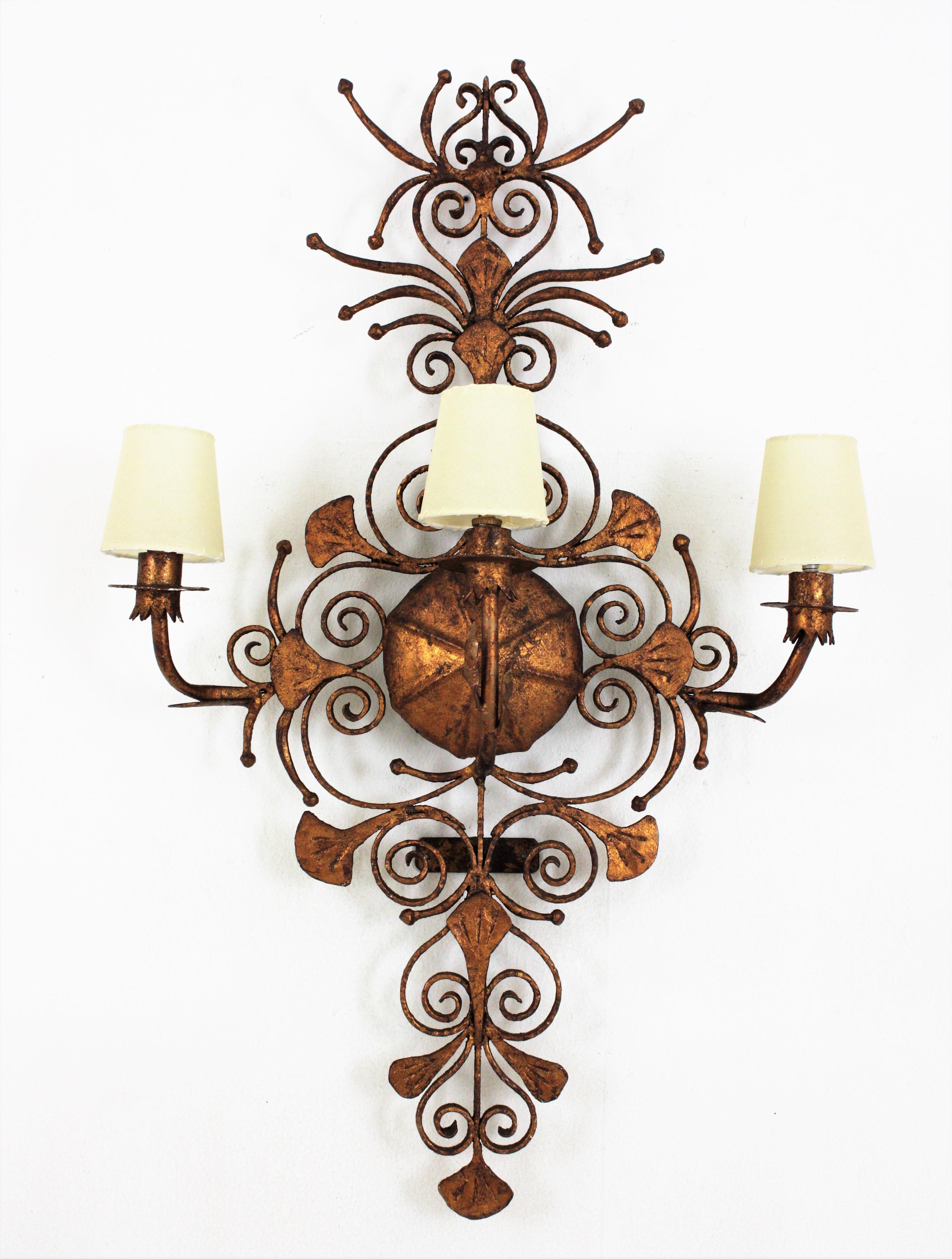 Spanish Revival Scrollwork Large Wall Sconce in Gilt Wrought Iron 6