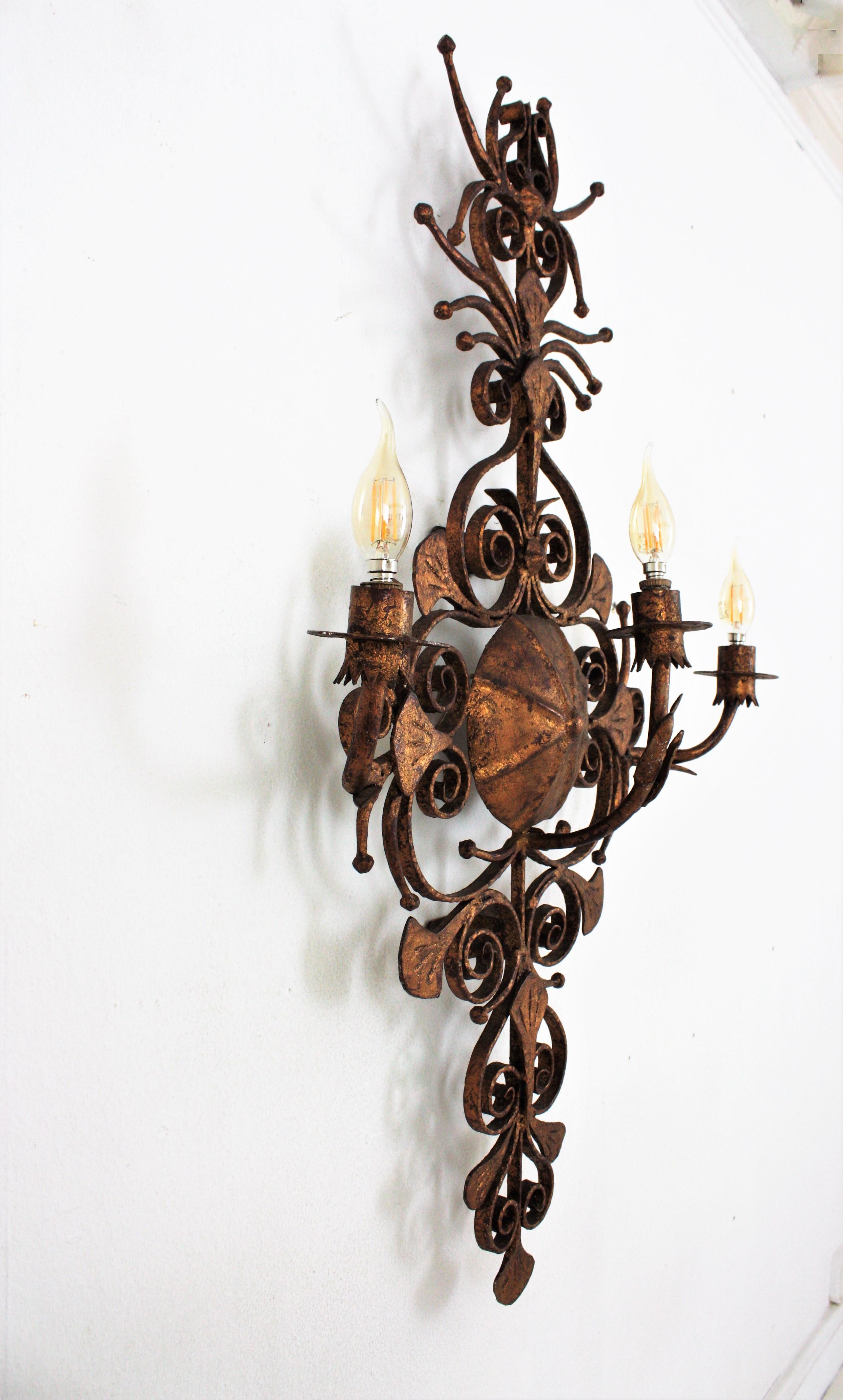 Spanish Revival Scrollwork Large Wall Sconce in Gilt Wrought Iron 9