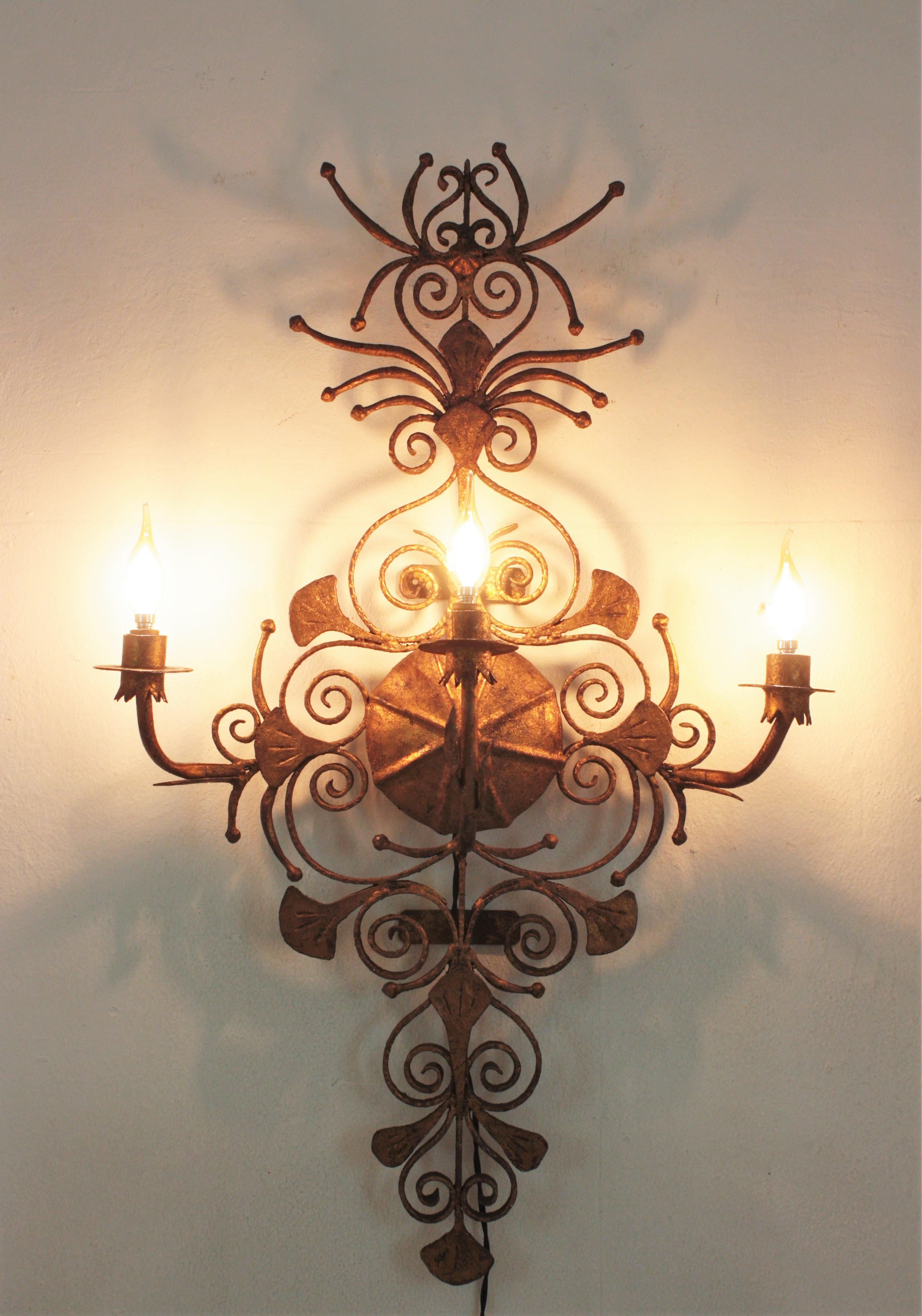 Spanish Revival Scrollwork Large Wall Sconce in Gilt Wrought Iron 10