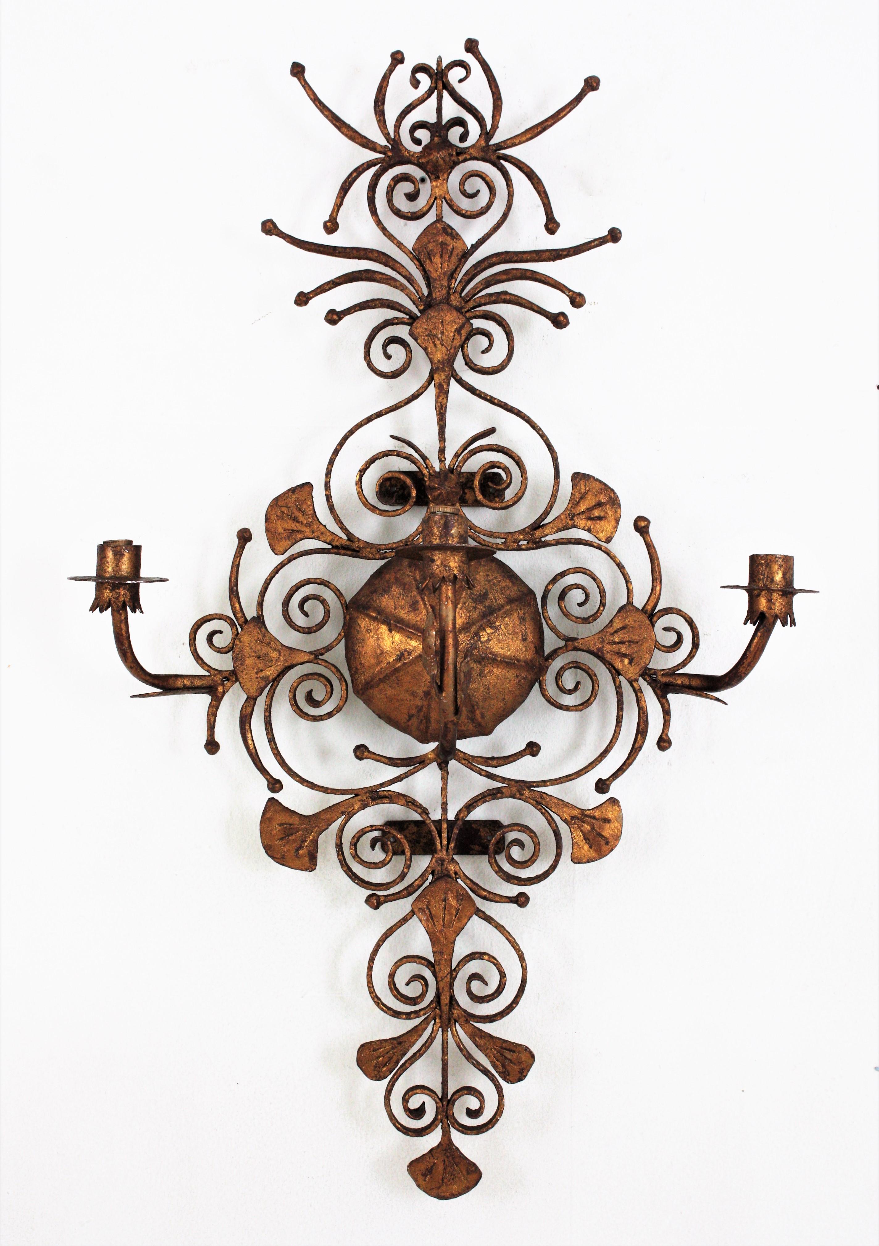 Spanish Revival Scrollwork Large Wall Sconce in Gilt Wrought Iron 11