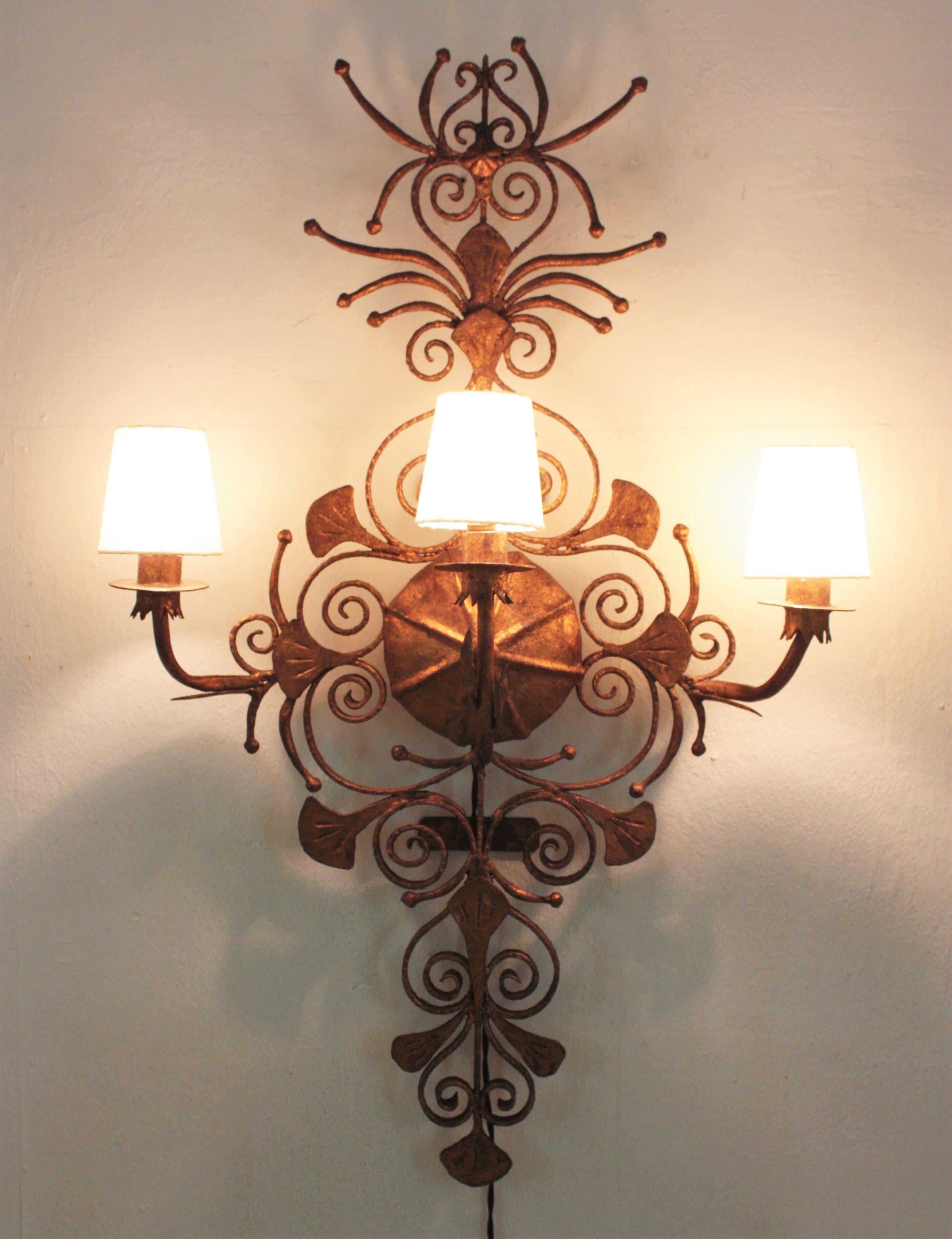 Spanish Revival Scrollwork Large Wall Sconce in Gilt Wrought Iron 12