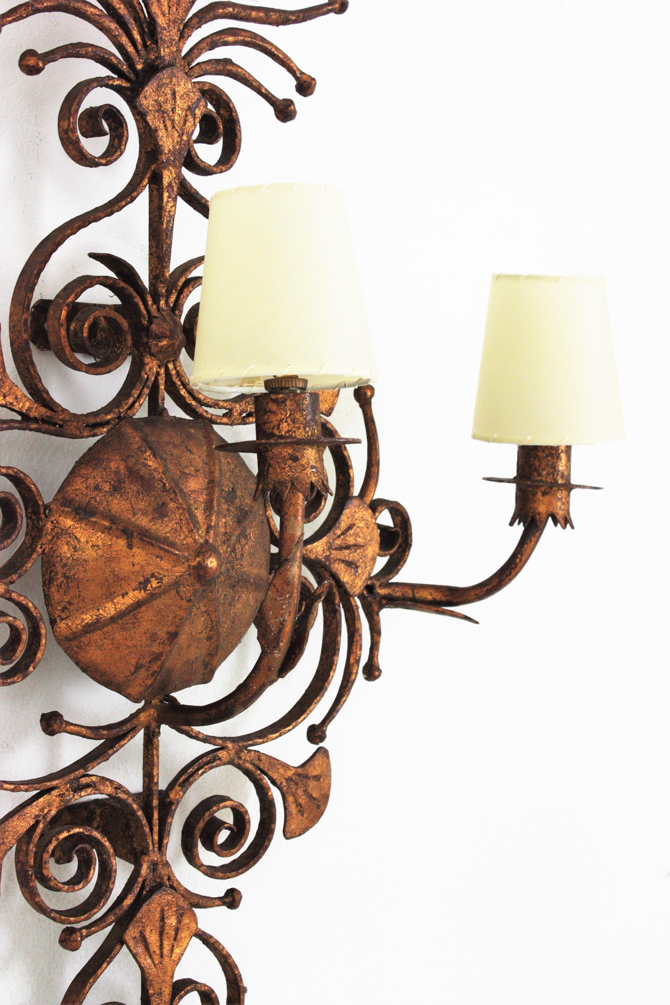 Spanish Colonial Spanish Revival Scrollwork Large Wall Sconce in Gilt Wrought Iron