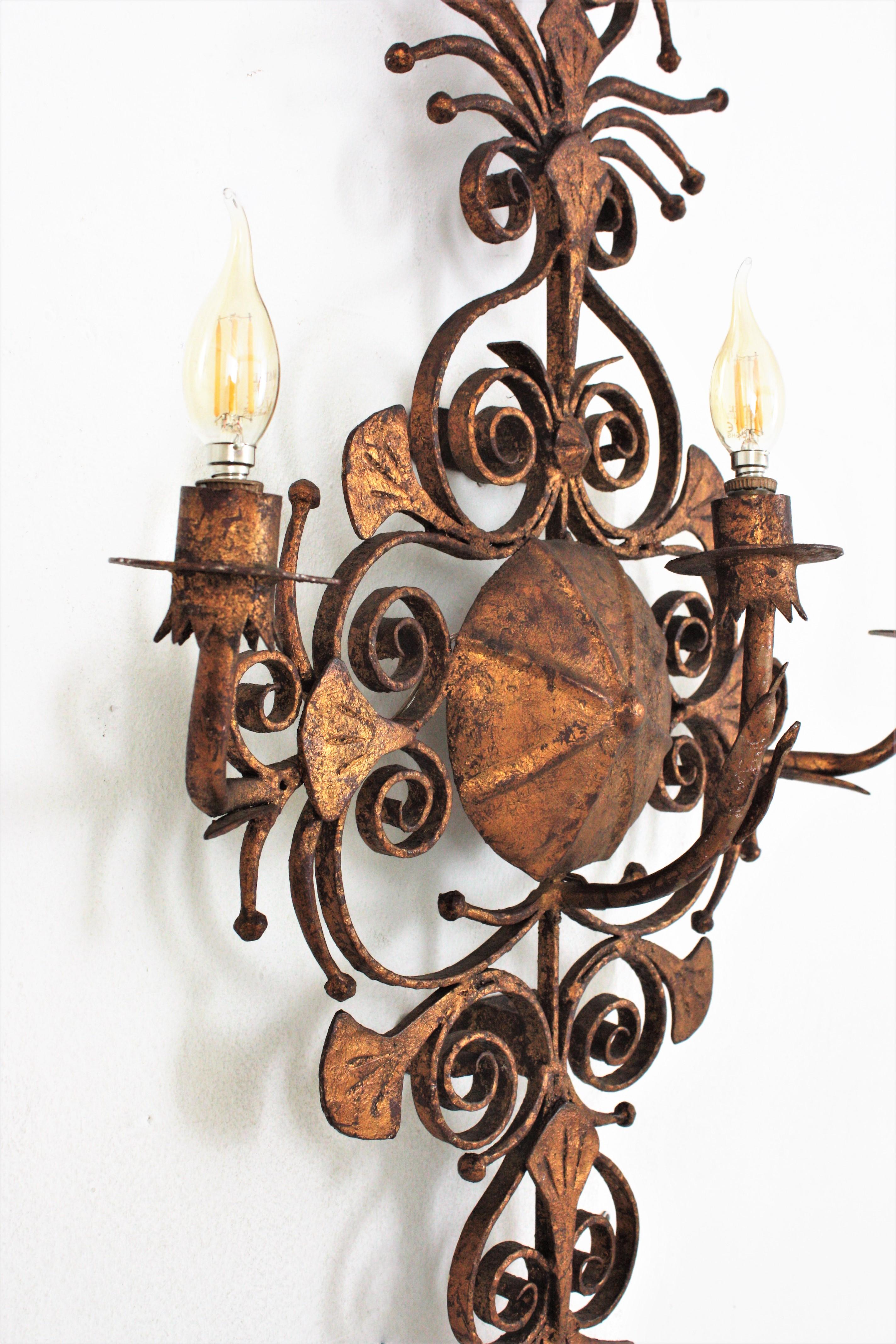 Forged Spanish Revival Scrollwork Large Wall Sconce in Gilt Wrought Iron