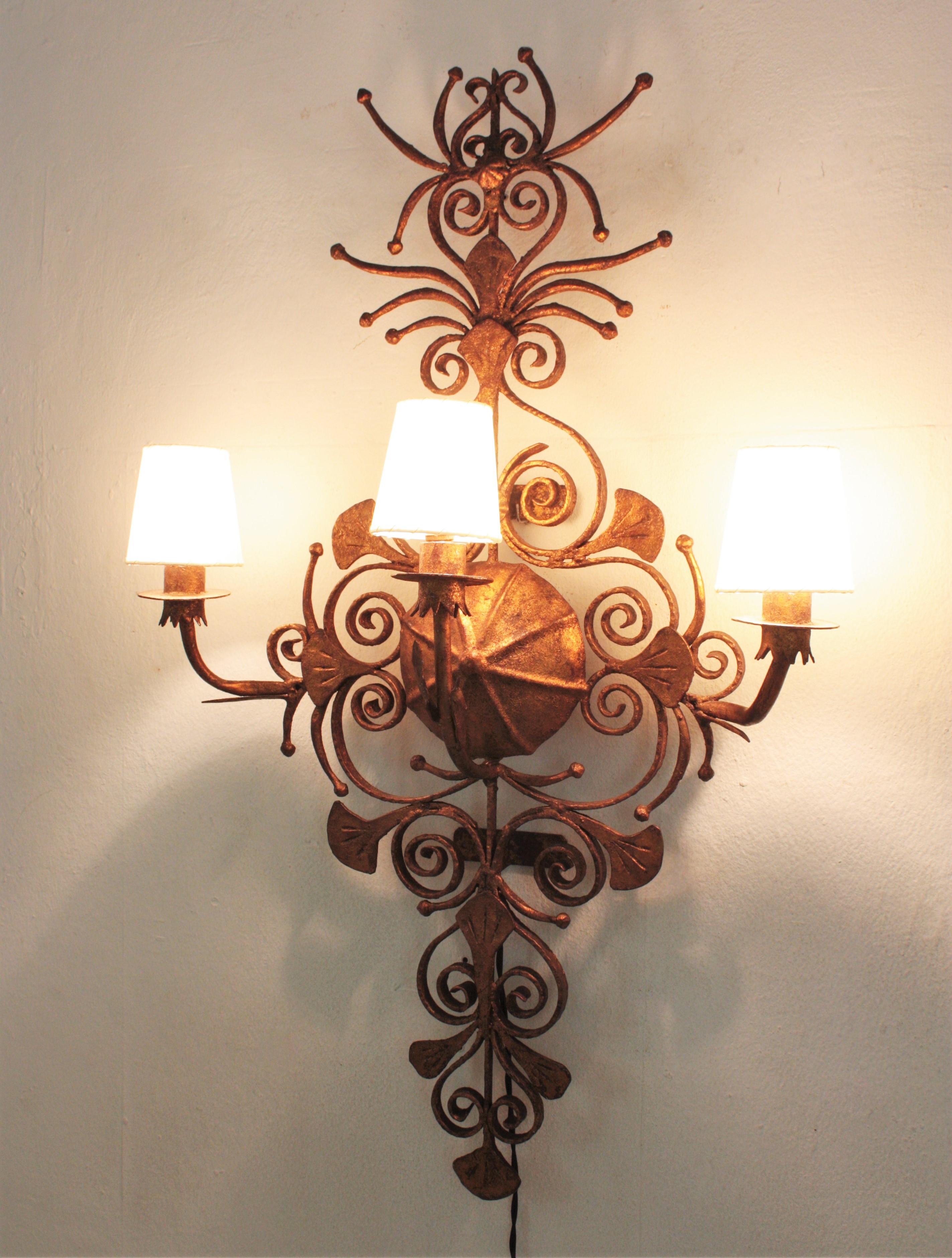 Spanish Revival Scrollwork Large Wall Sconce in Gilt Wrought Iron 2