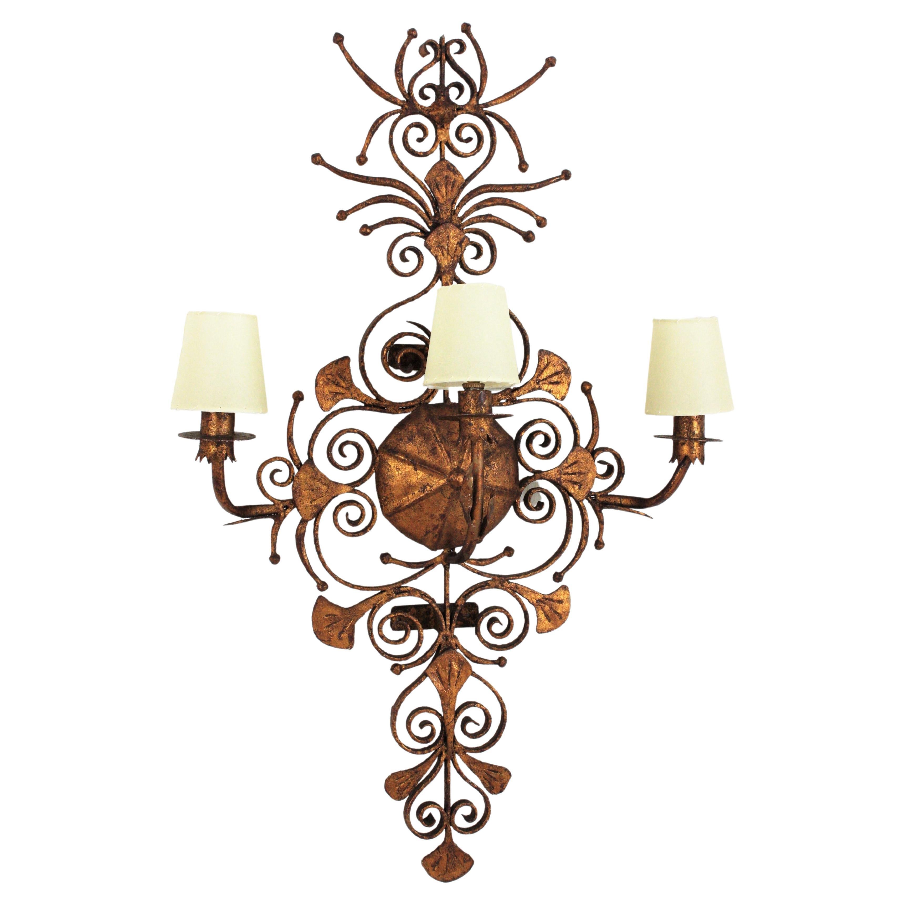 Spanish Revival Scrollwork Large Wall Sconce in Gilt Wrought Iron