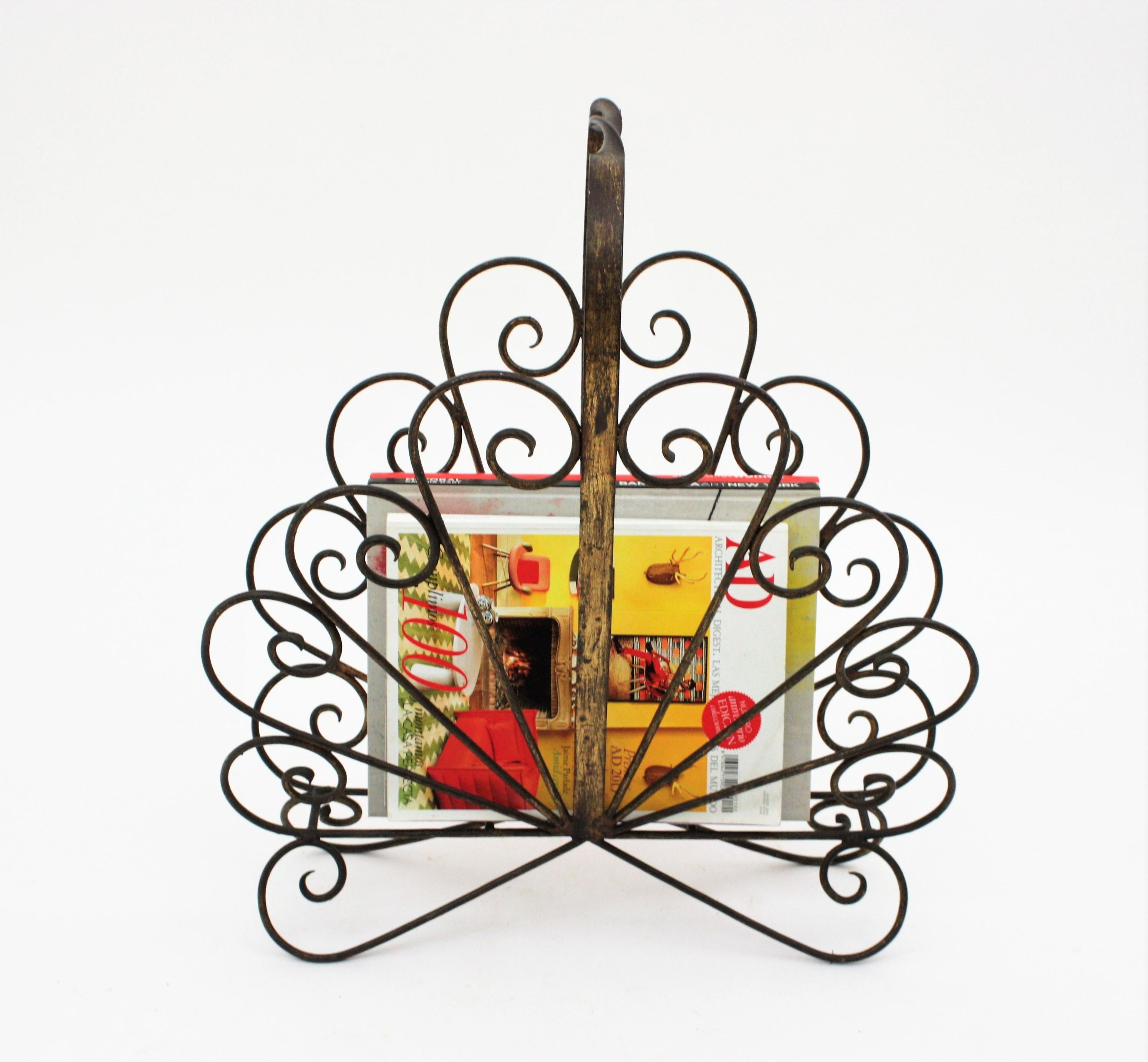 Spanish Revival Scrollwork Magazine Rack, Wrought Iron For Sale 5