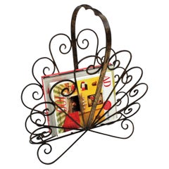 Spanish Revival Scrollwork Magazine Rack in Gilt Wrought Iron, 1940s