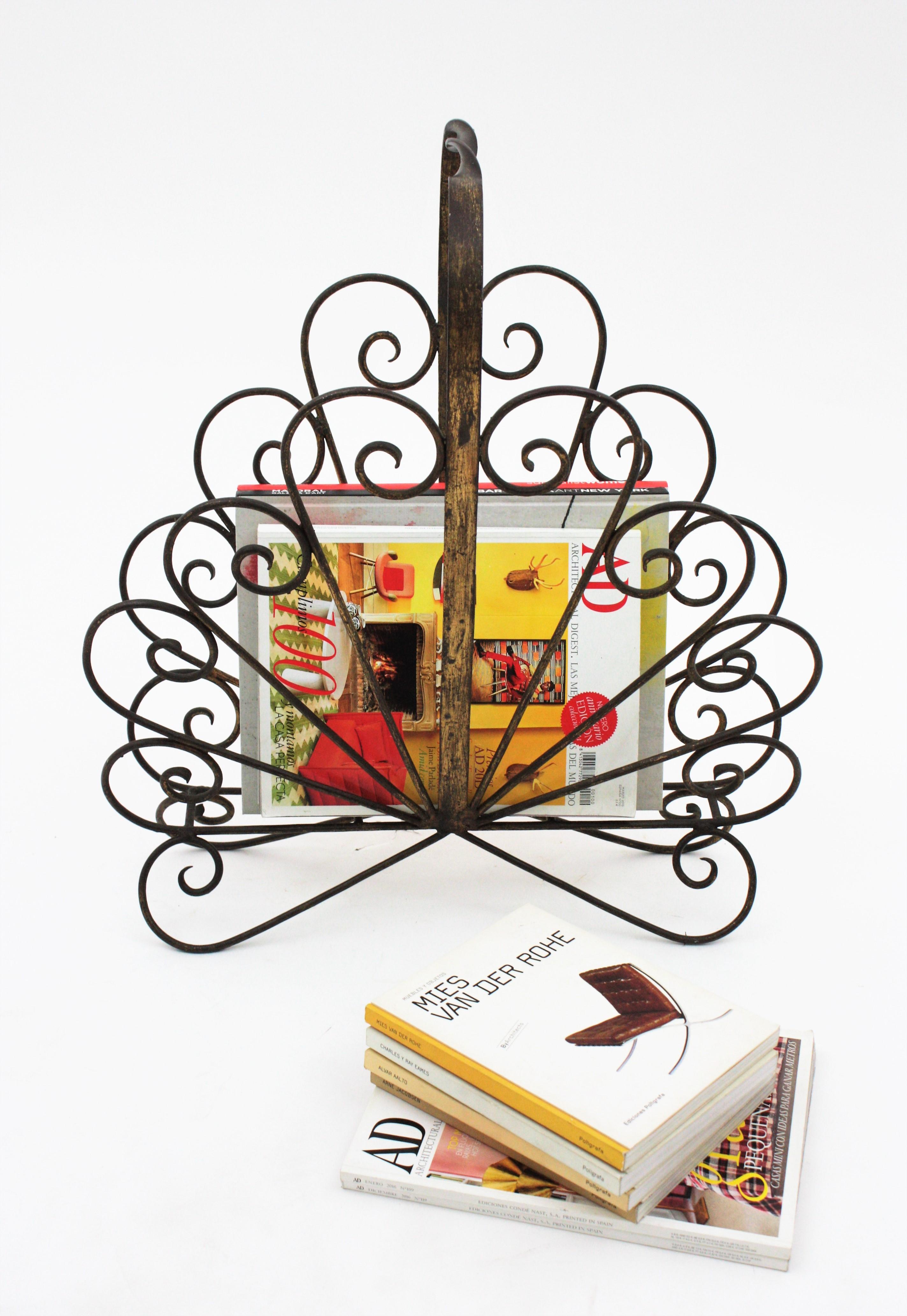 20th Century Spanish Revival Scrollwork Magazine Rack, Wrought Iron For Sale