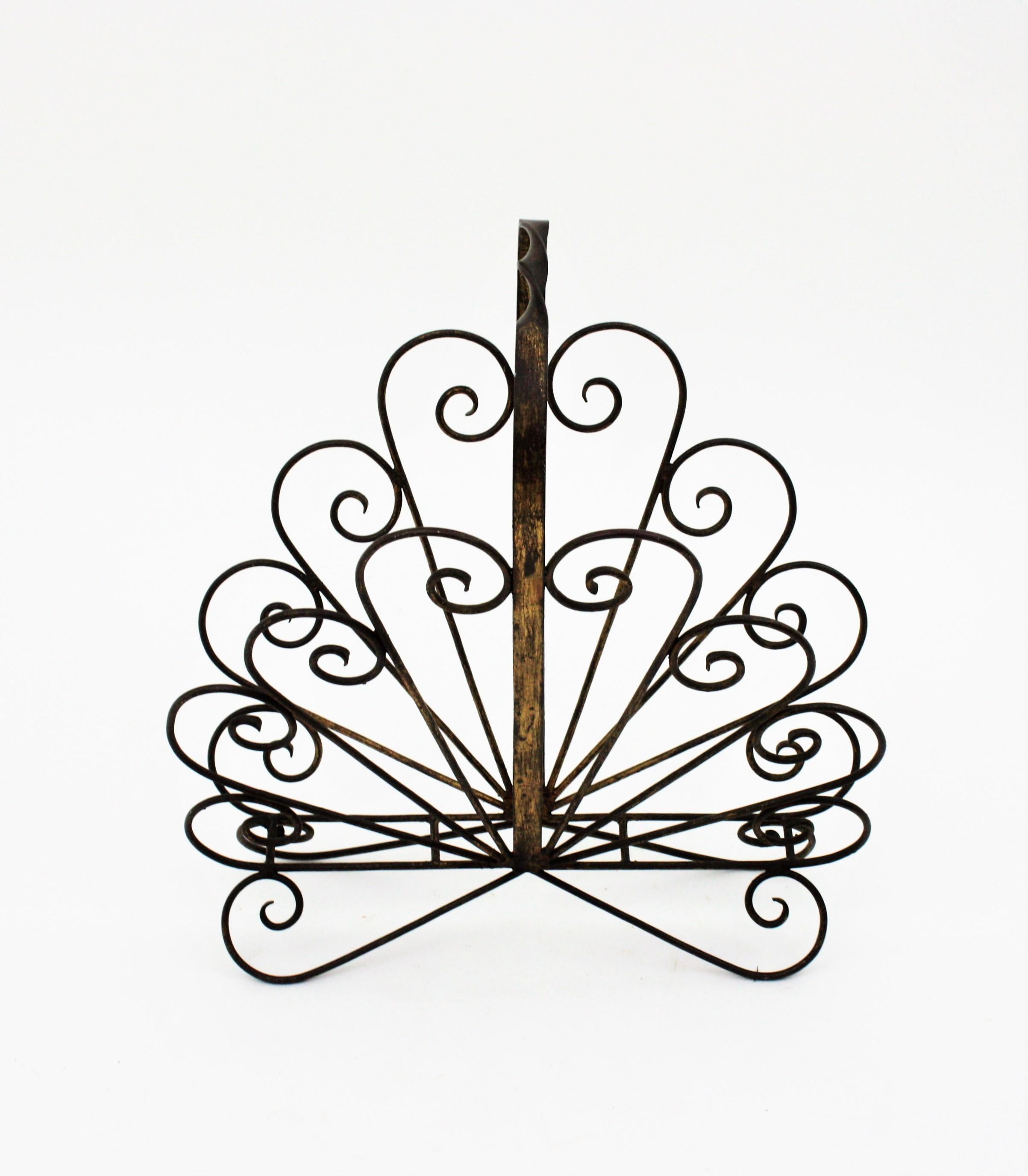 Spanish Revival Scrollwork Magazine Rack, Wrought Iron For Sale 1