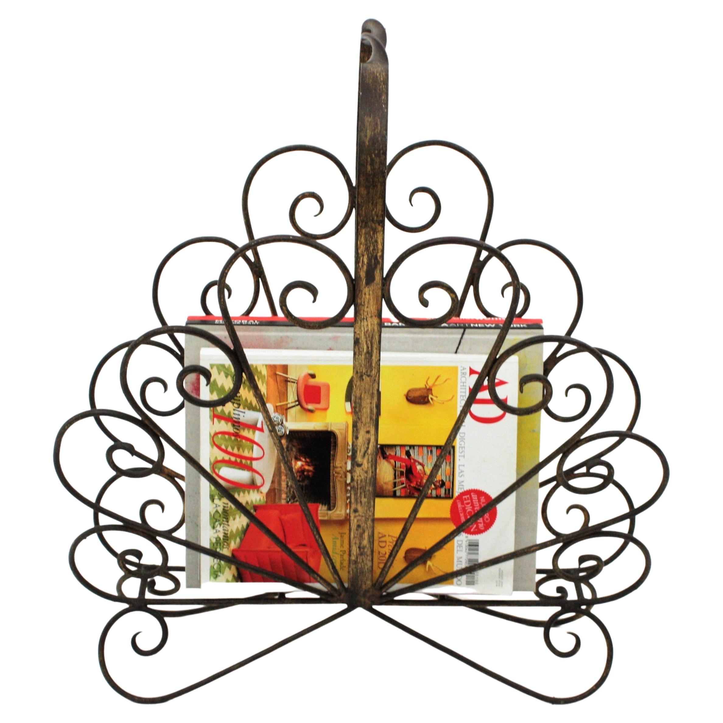 Spanish Revival Scrollwork Magazine Rack, Wrought Iron For Sale