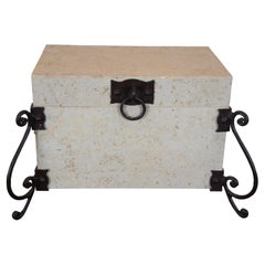 Spanish Revival Stone & Wood Wrought Iron Keepsake Trinket Jewelry Box Vtg
