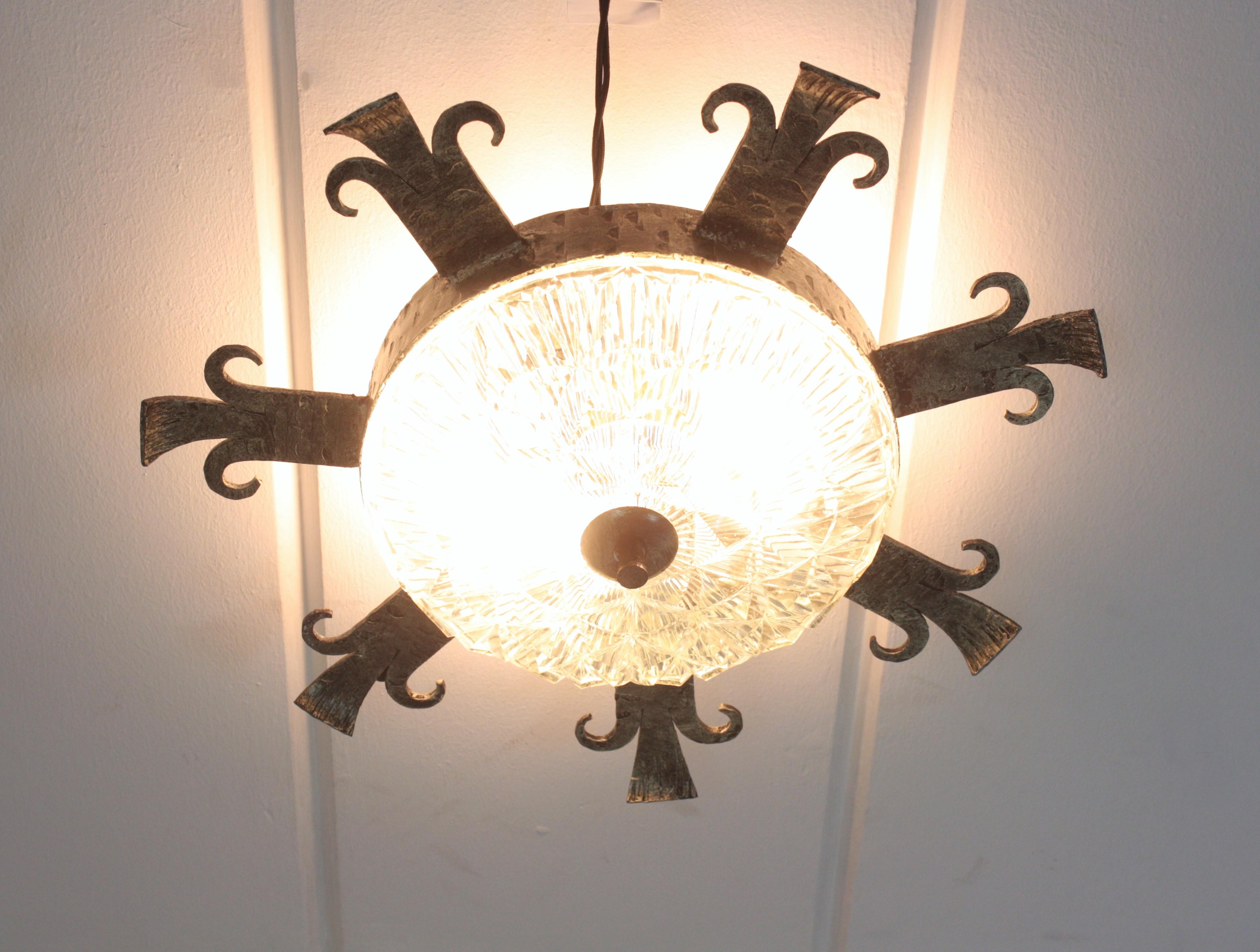 1940s Spanish Revival Sunburst Ceiling Light Fixture in Wrought Iron and Glass For Sale 8