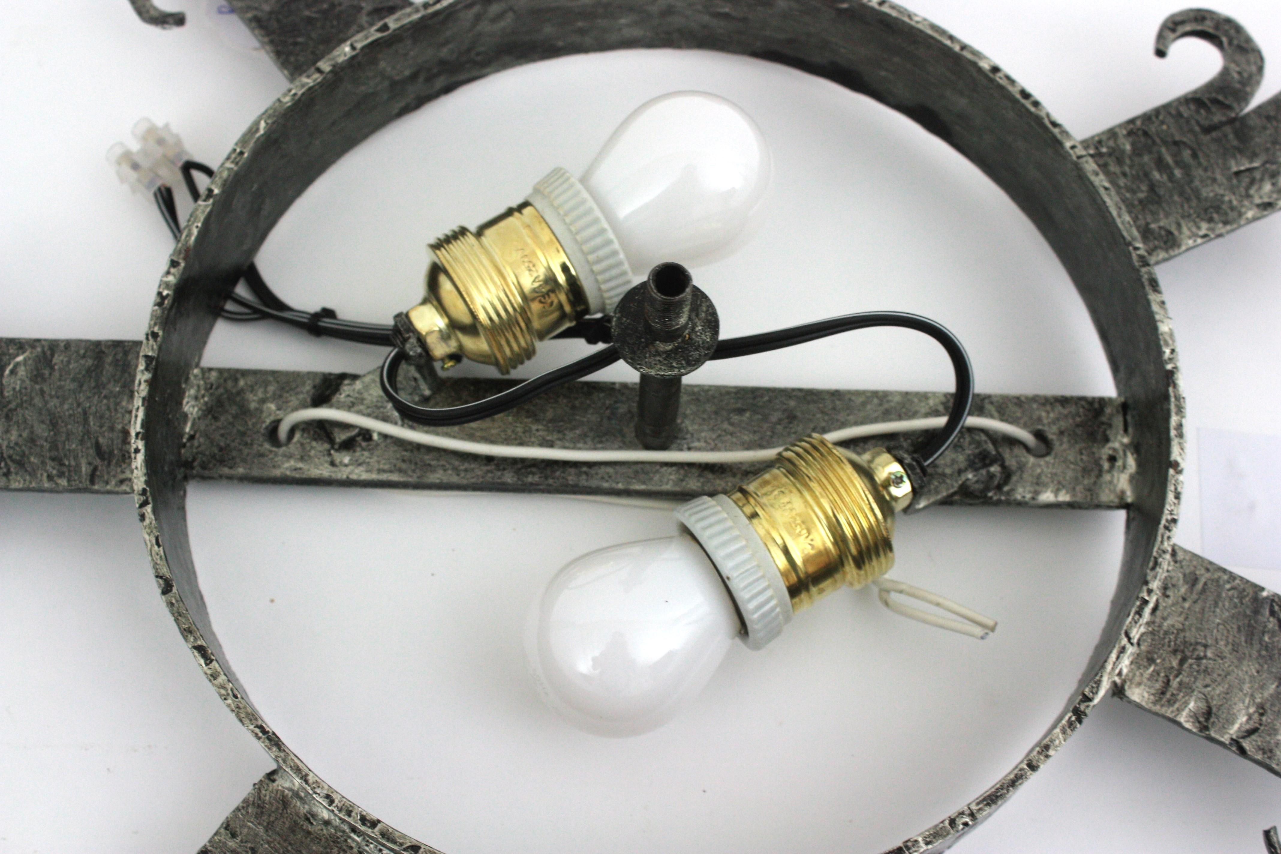 1940s Spanish Revival Sunburst Ceiling Light Fixture in Wrought Iron and Glass For Sale 13