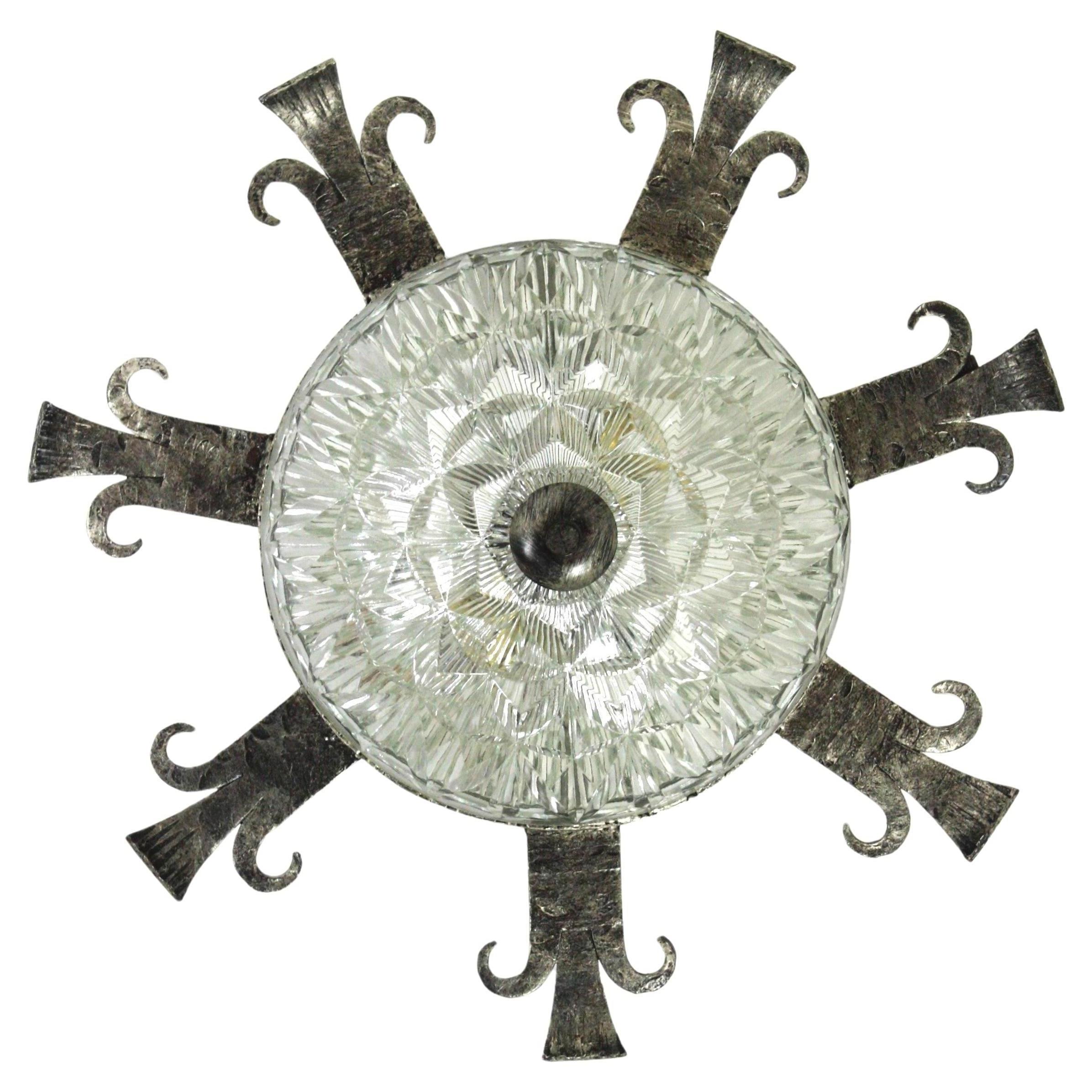 1940s Spanish Revival Sunburst Ceiling Light Fixture in Wrought Iron and Glass