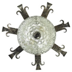 1940s Spanish Revival Sunburst Ceiling Light Fixture in Wrought Iron and Glass