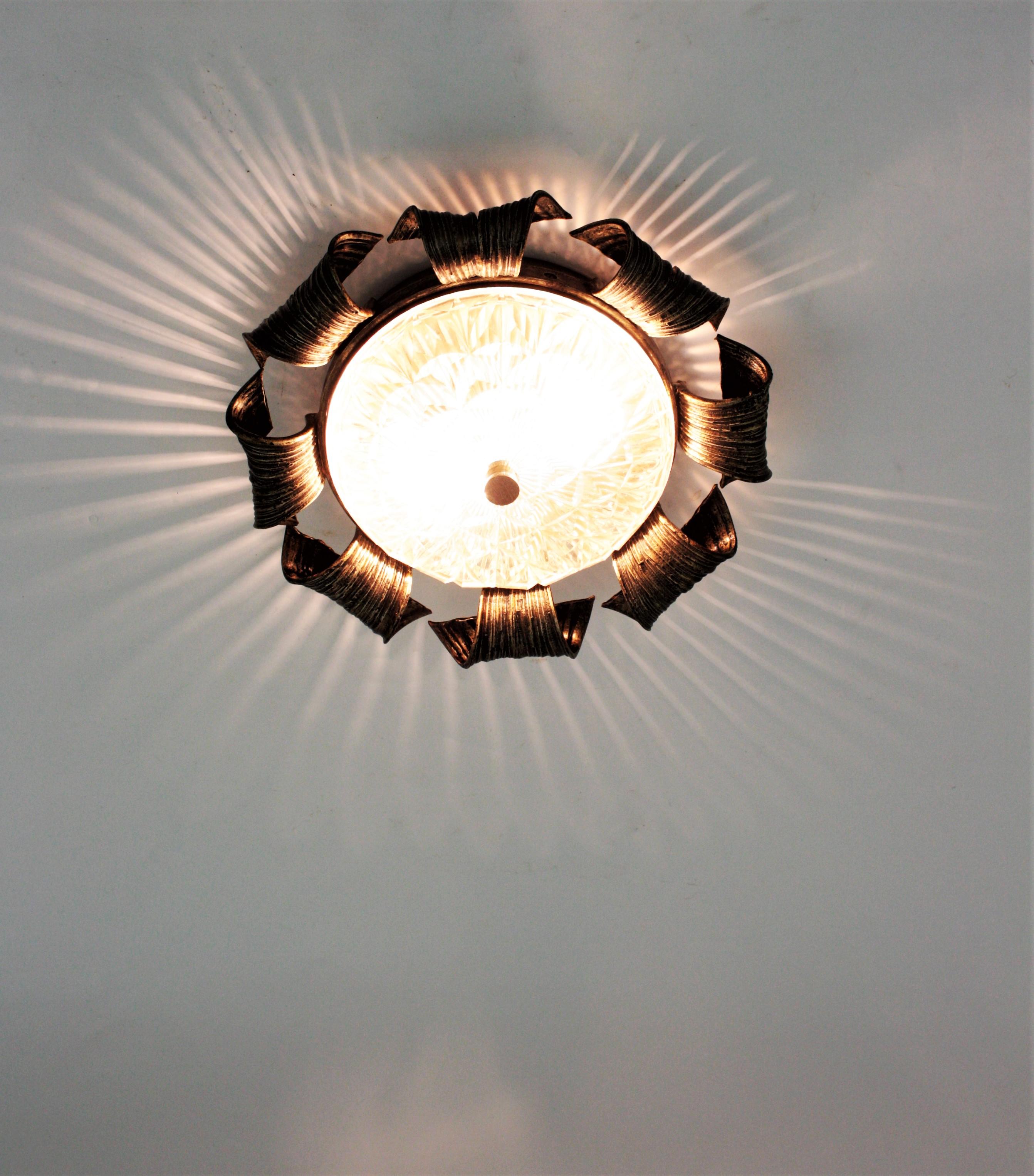 Spanish Revival Sunburst Flush Mount in Hand Forged Iron and Glass For Sale 5