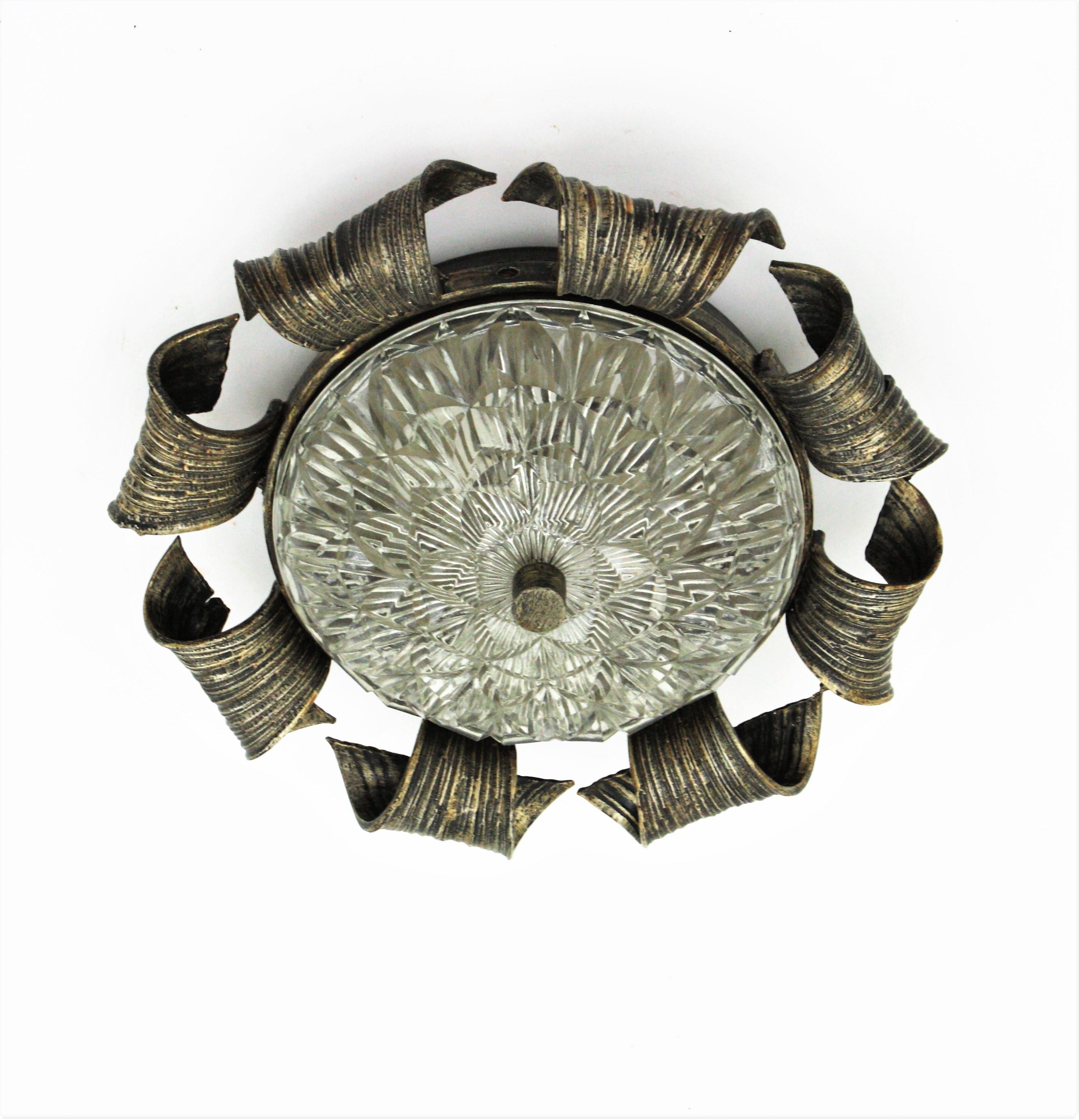 Spanish Revival Sunburst Flush Mount in Hand Forged Iron and Glass For Sale 5