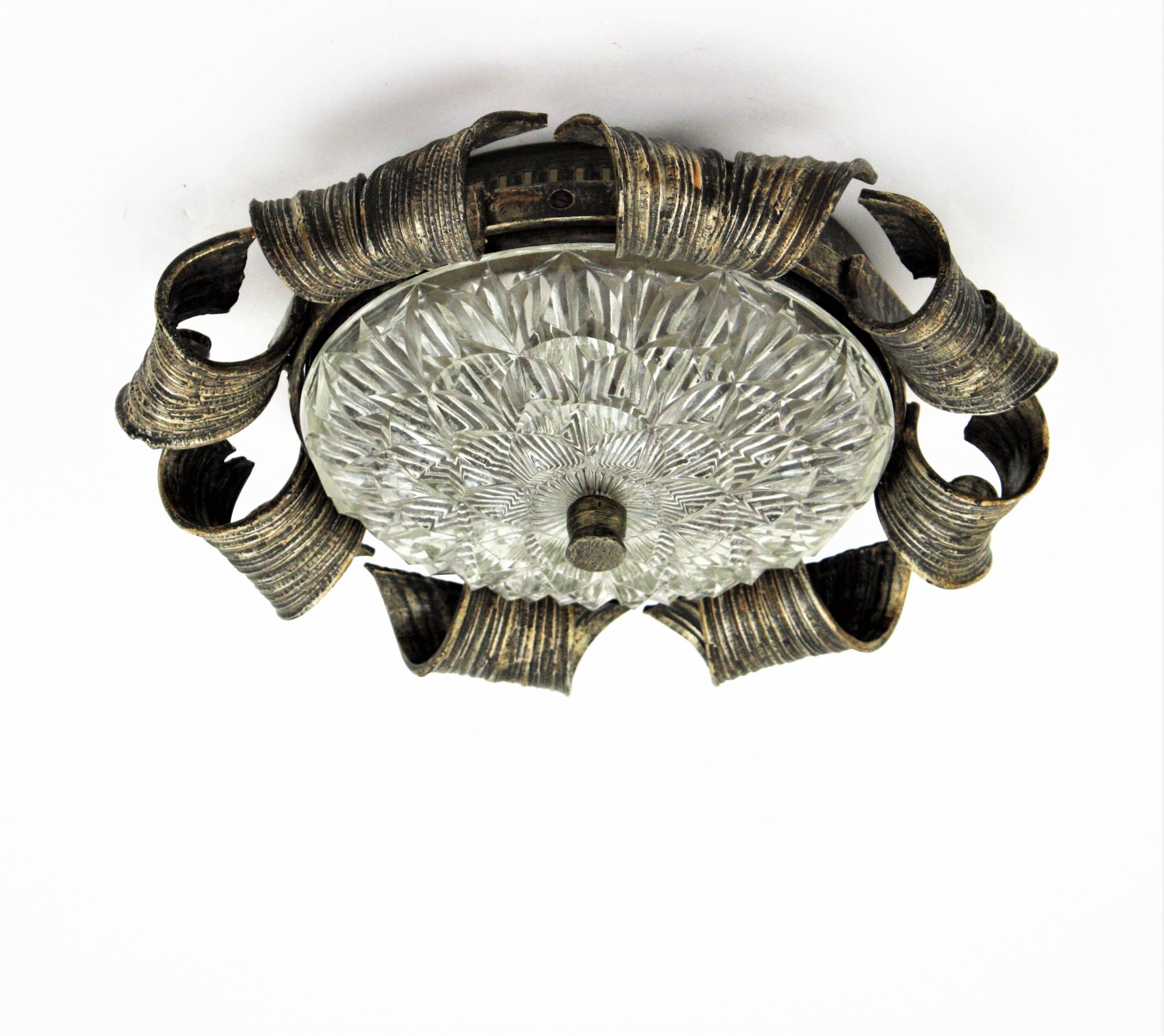 Spanish Revival Sunburst Flush Mount in Hand Forged Iron and Glass For Sale 7