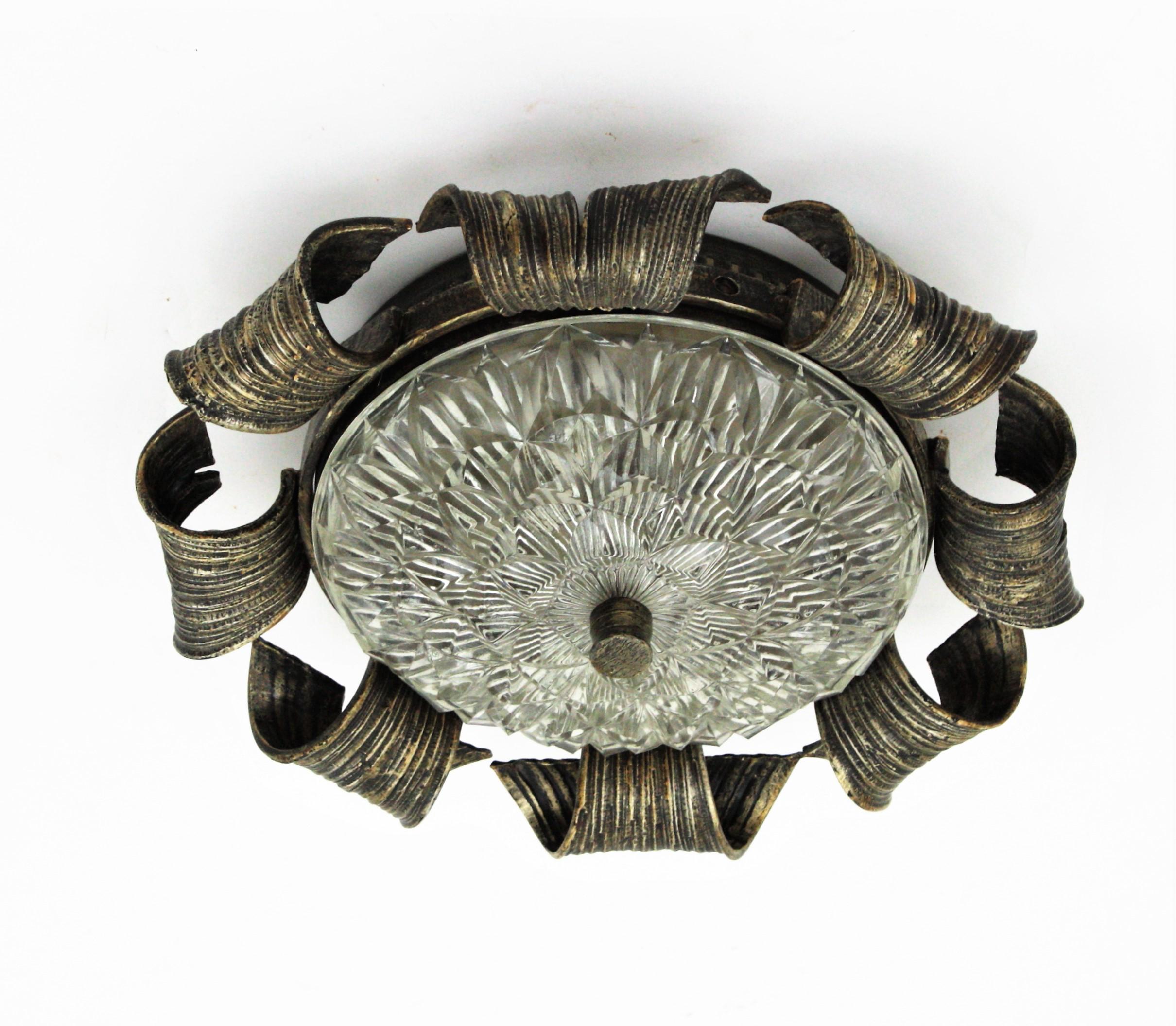 Spanish Revival Sunburst Flush Mount in Hand Forged Iron and Glass For Sale 8