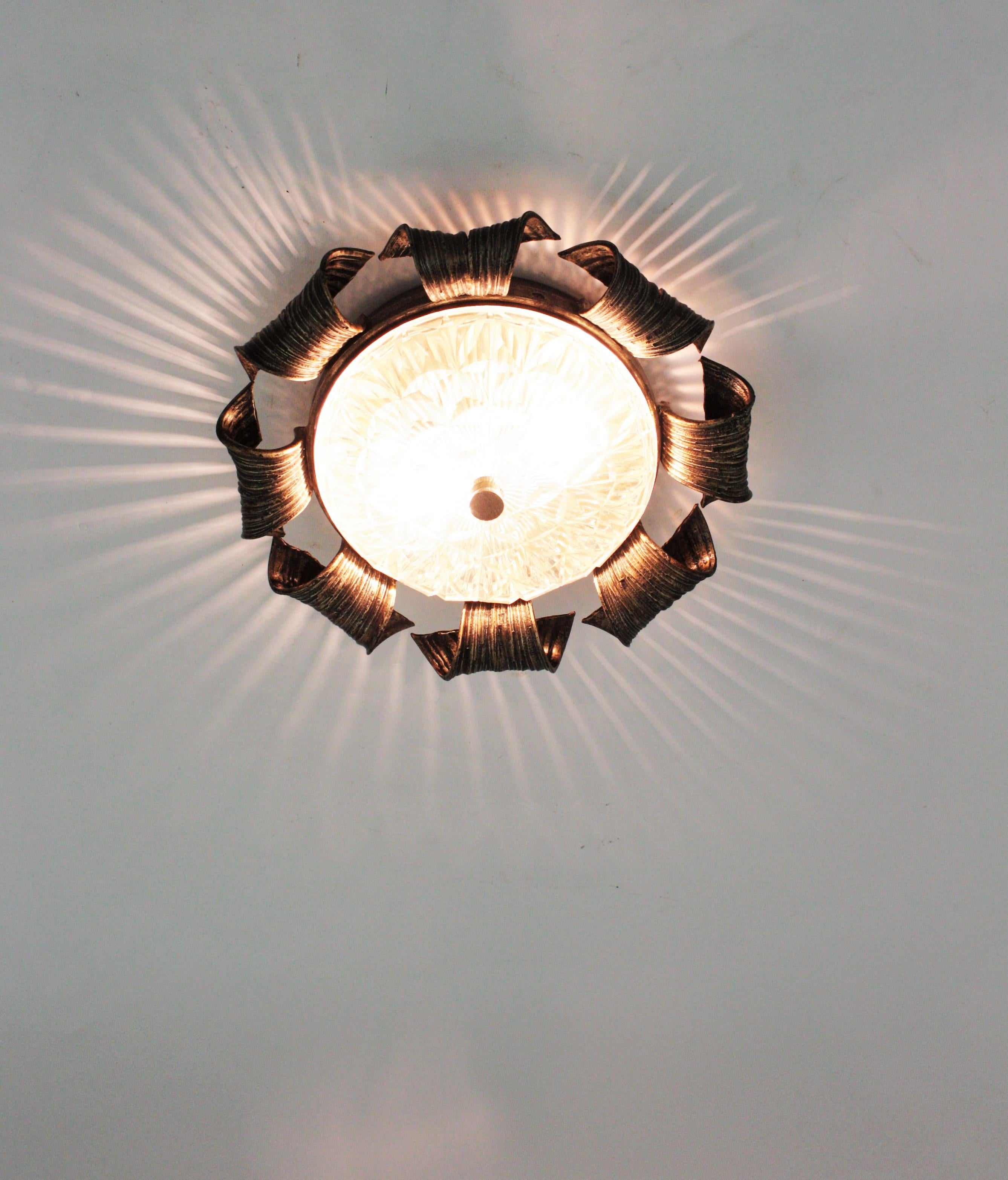 Spanish Revival Sunburst Flush Mount in Hand Forged Iron and Glass For Sale 10