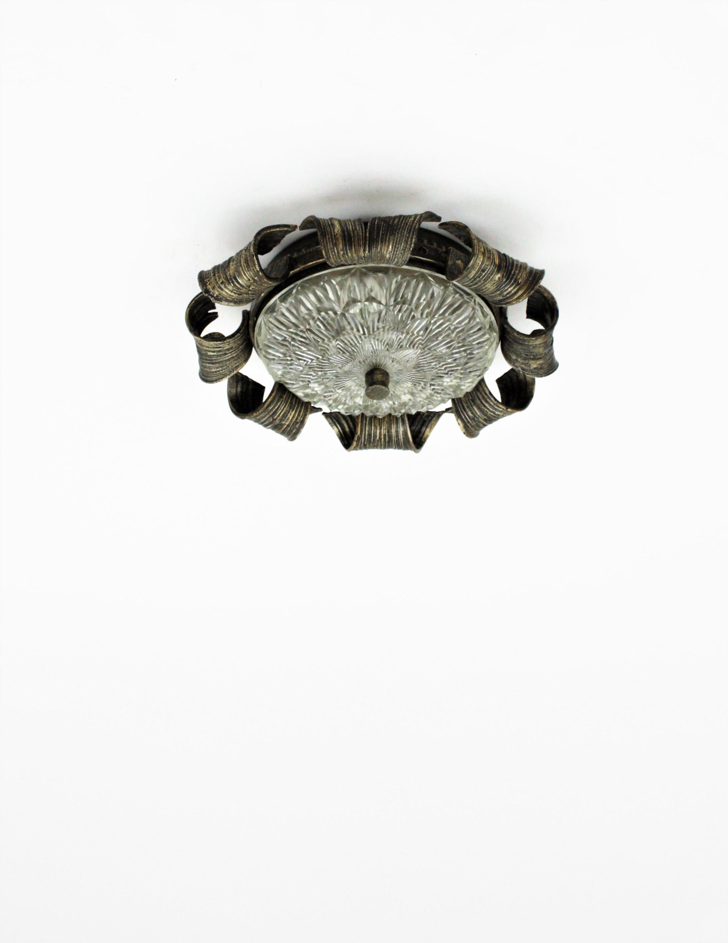 Brutalist Spanish Revival Sunburst Flush Mount in Hand Forged Iron and Glass For Sale