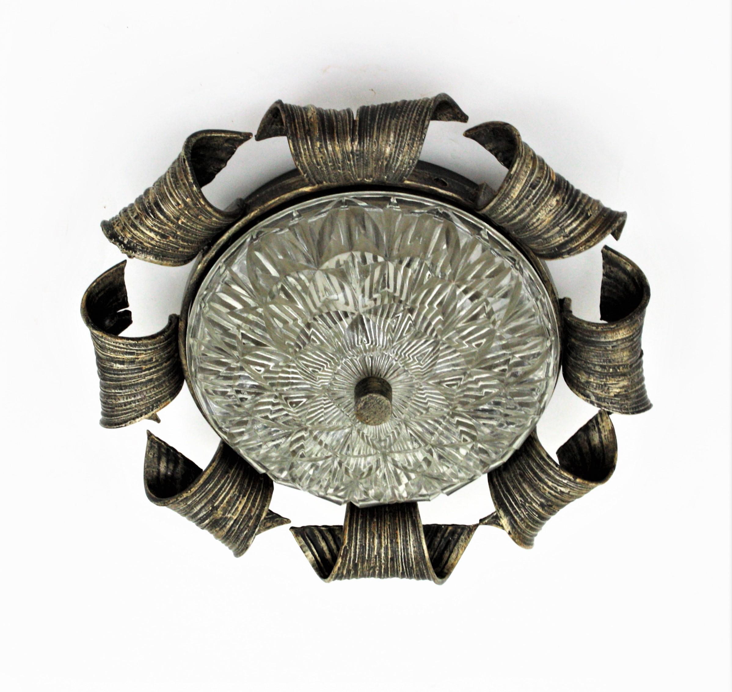Hand-Crafted Spanish Revival Sunburst Flush Mount in Hand Forged Iron and Glass For Sale