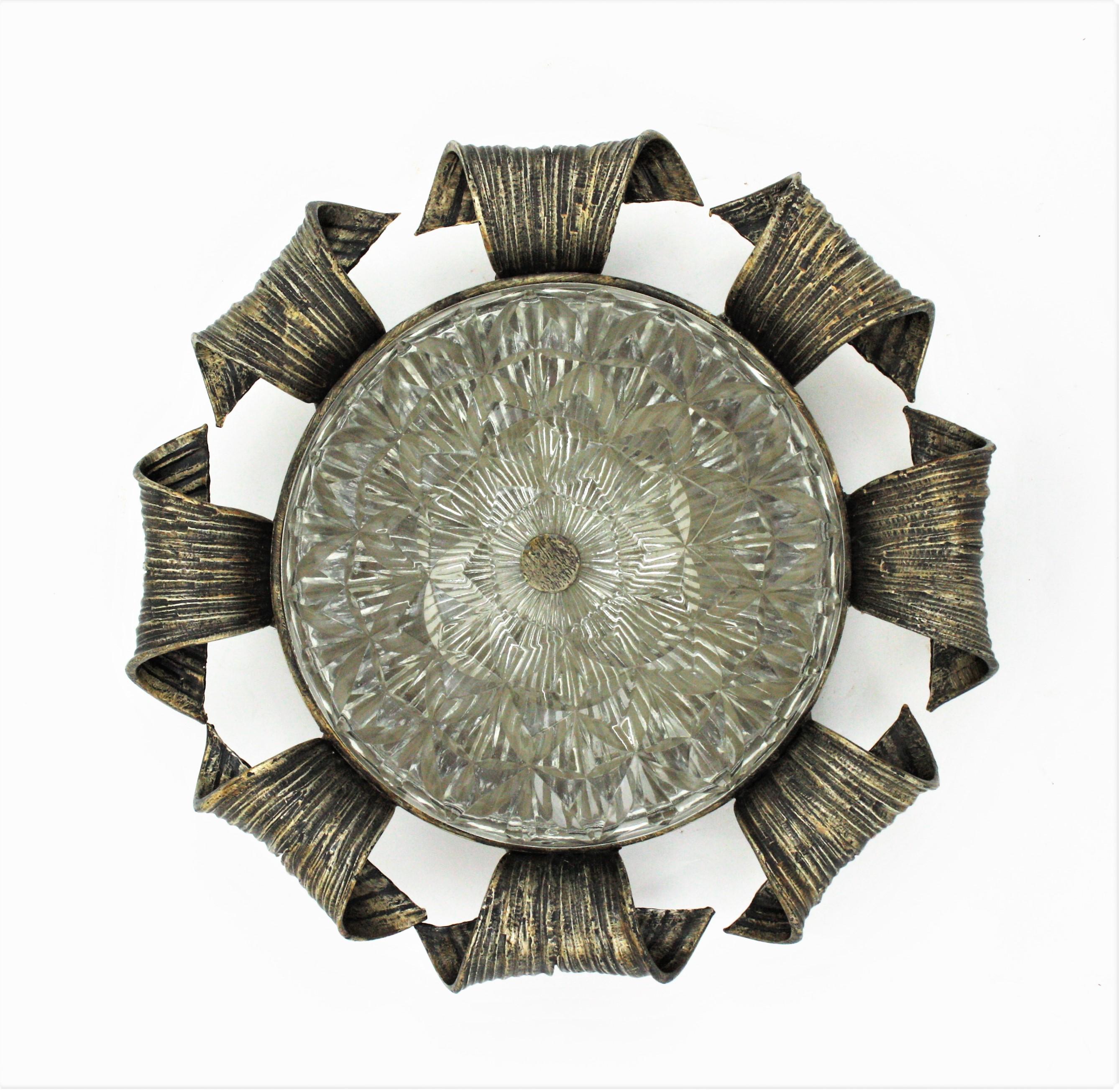 20th Century Spanish Revival Sunburst Flush Mount in Hand Forged Iron and Glass For Sale