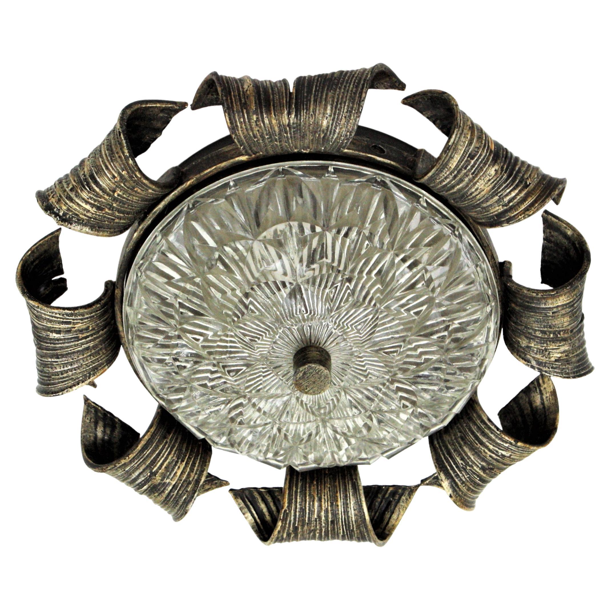 Spanish Revival Sunburst Flush Mount in Hand Forged Iron and Glass For Sale