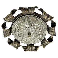 Spanish Revival Sunburst Flush Mount in Hand Forged Iron and Glass