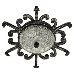 Spanish Revival Sunburst Silvered Light Fixture in Wrought Iron and Glass, 1940s