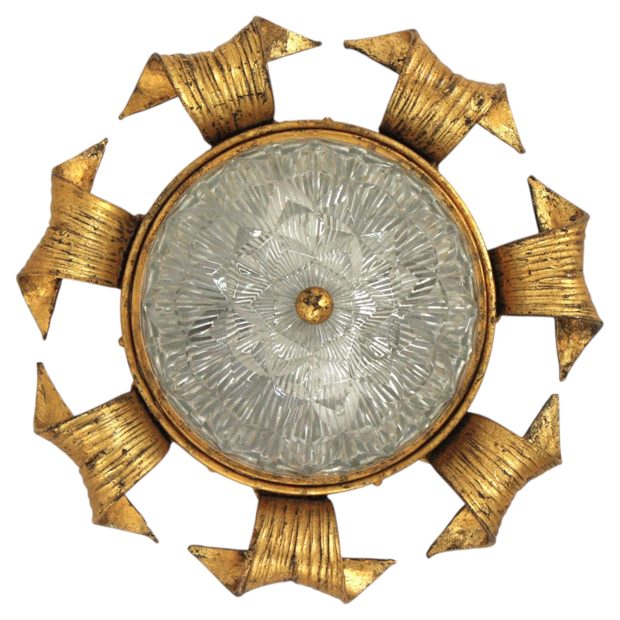 Spanish Revival Sunburst Light Fixture in Gilt Wrought Iron and Glass, 1940s