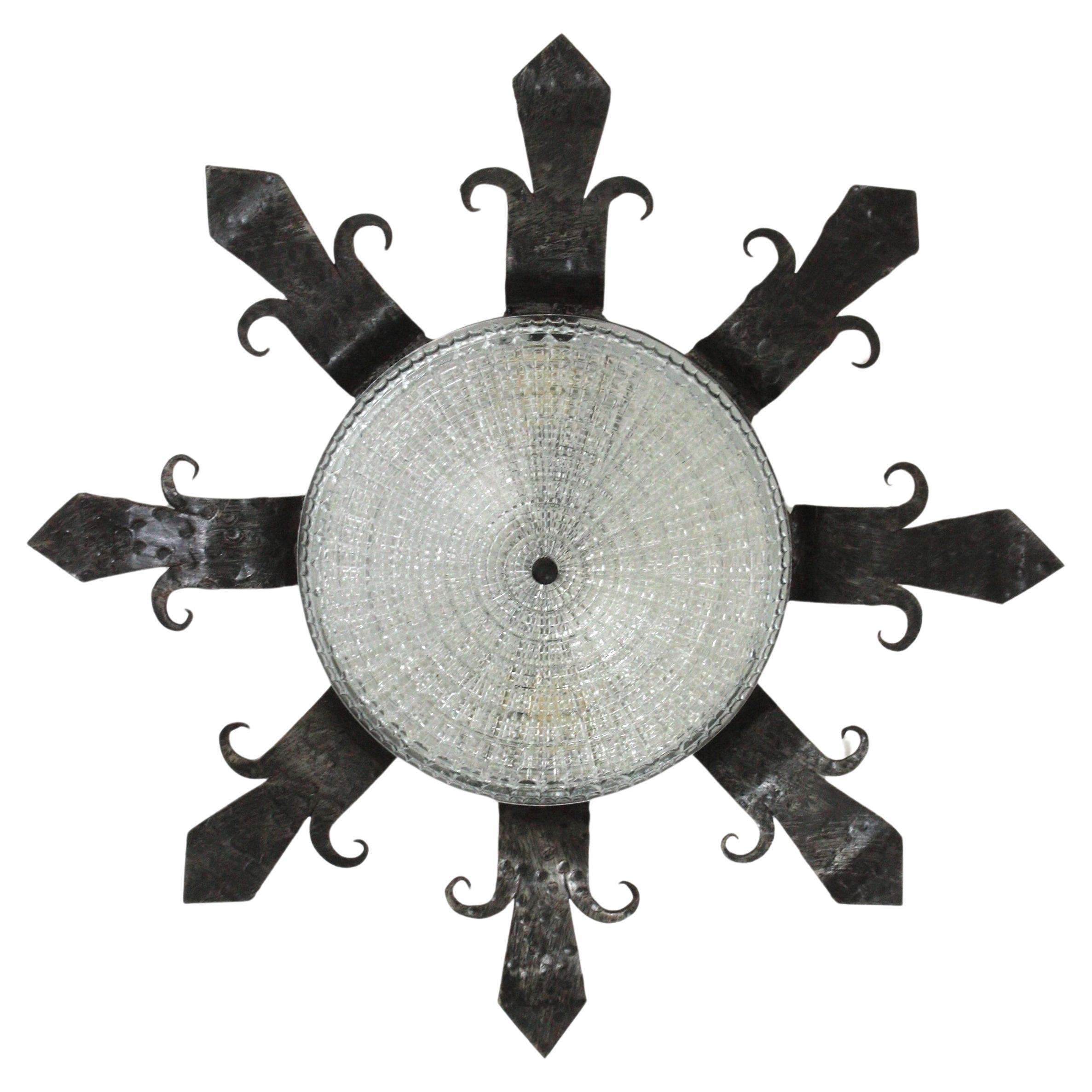 Spanish Revival Sunburst Wrought Ceiling Light Fixture