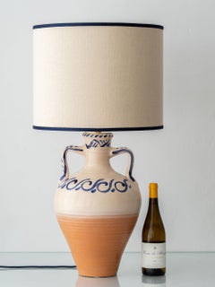 Spanish Revival Terracotta Table Lamp, Cream and Cobalt, New Linen Shade