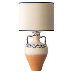 Spanish Revival Terracotta Table Lamp, Cream and Cobalt, New Linen Shade