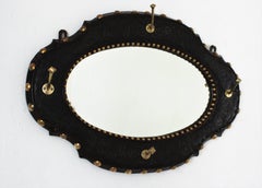 Spanish Revival Wall Mirror Coat Rack in Leather and Brass