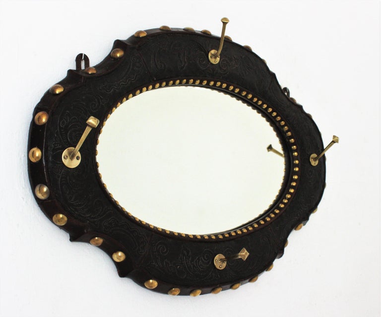 Spanish Revival Wall Coat Rack with Mirror in Leather and Brass, 1940s ...