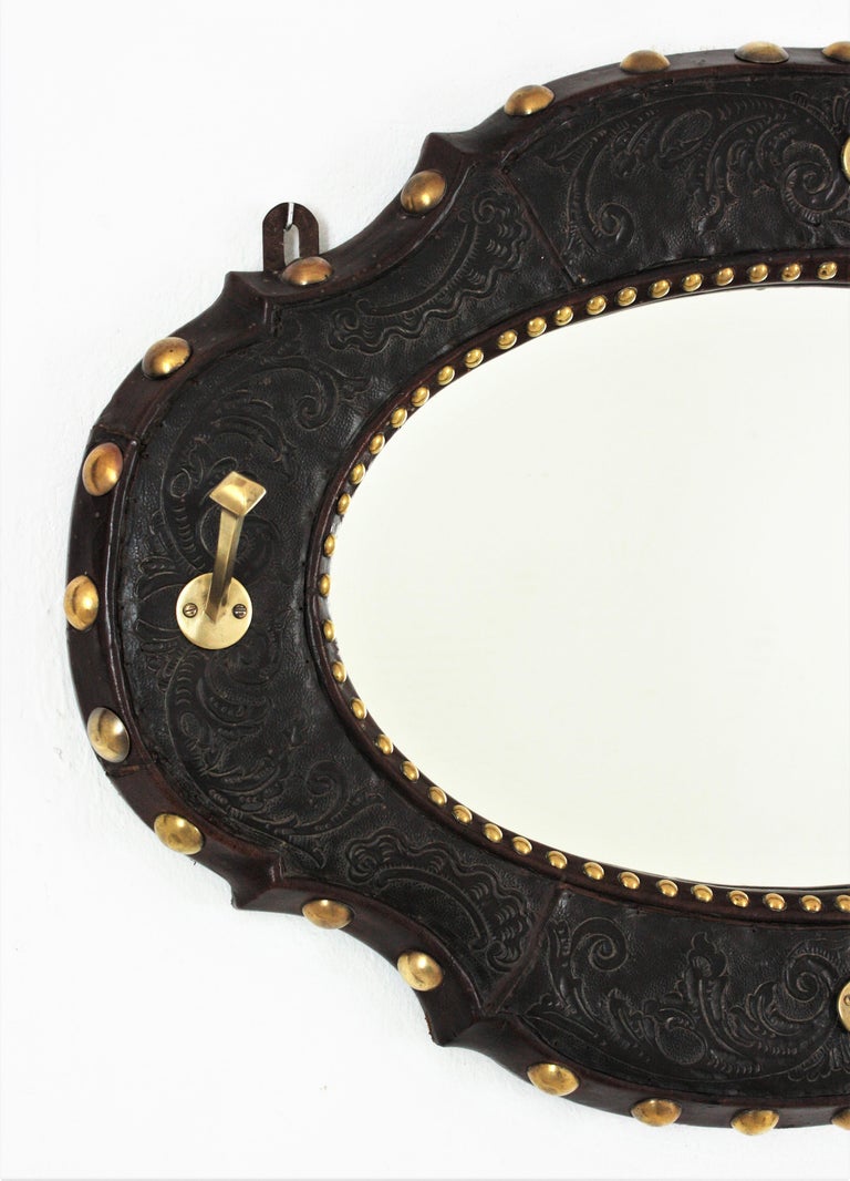 Spanish Revival Wall Coat Rack with Mirror in Leather and Brass, 1940s ...