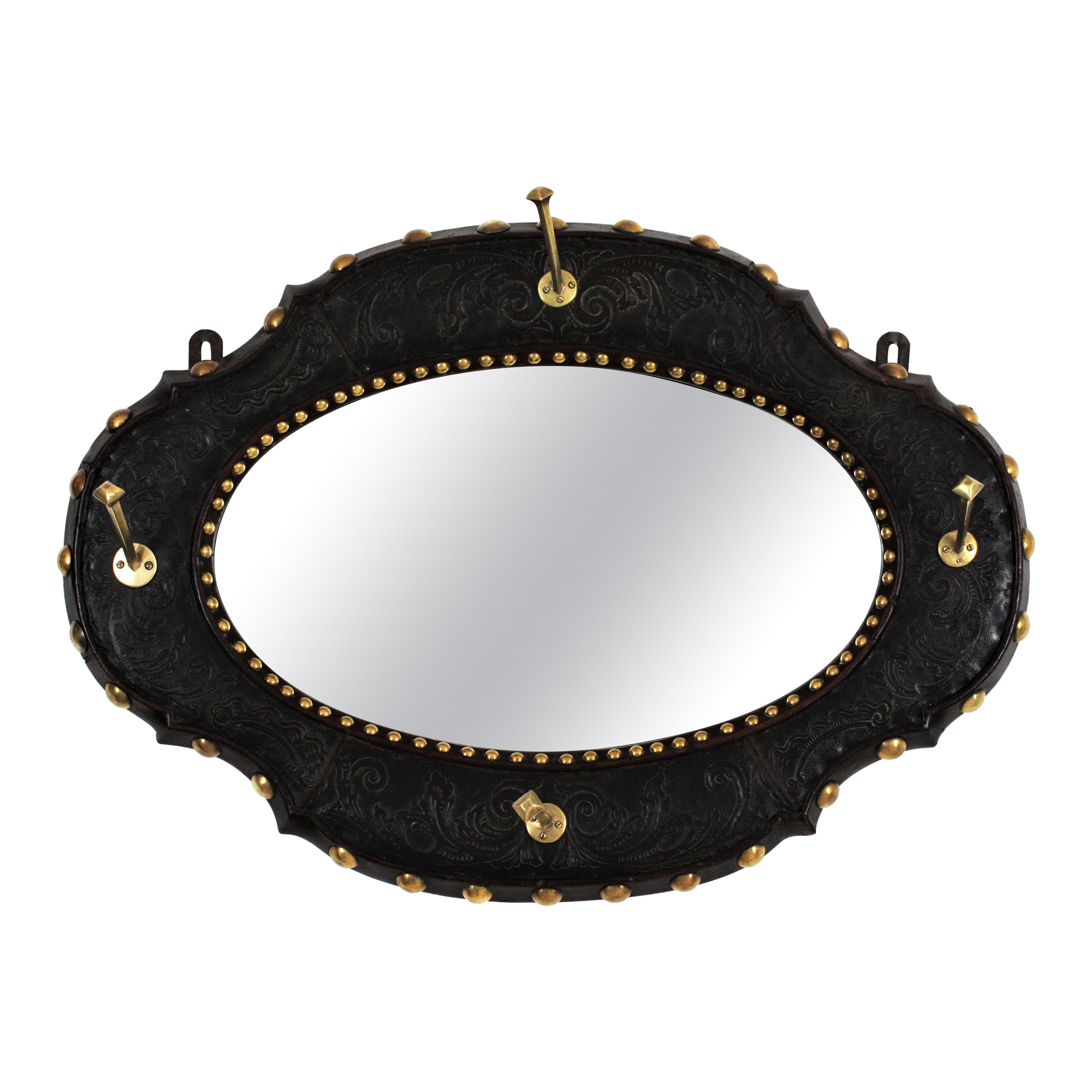 Miroir mural Revive espagnol Porte-manteau en cuir et laiton